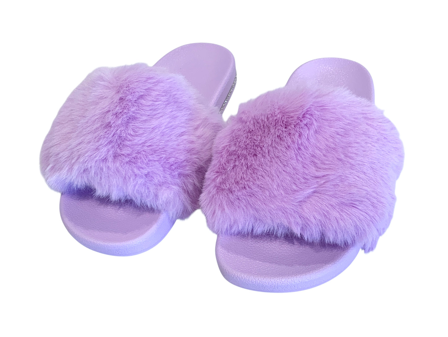 Purple Faux Fur Slides with Rhinestones - Open Toe Slip-On Comfy Slippers