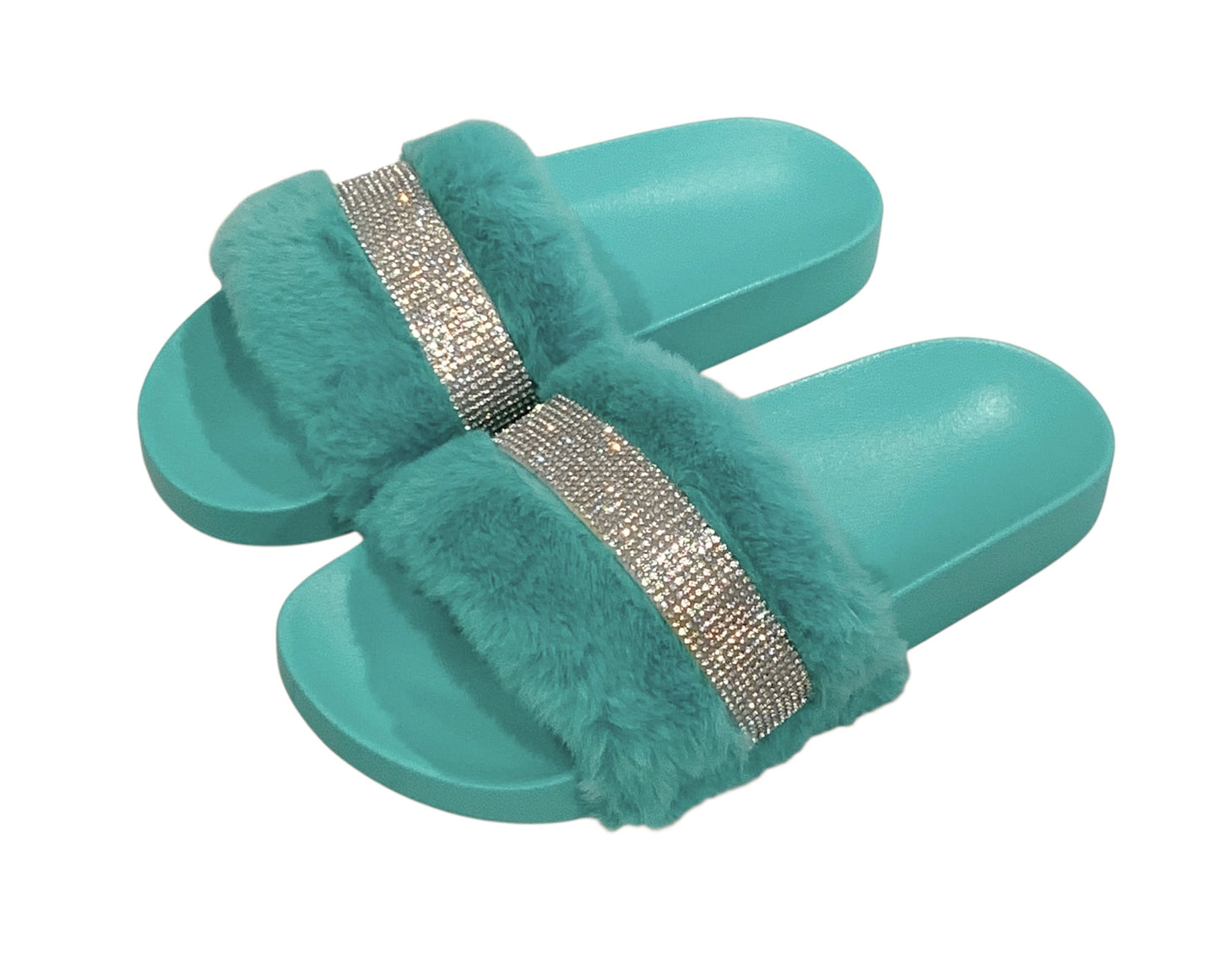 Turquoise Faux Fur Rhinestone Slides - Comfy Crystal Slip-On Slippers
