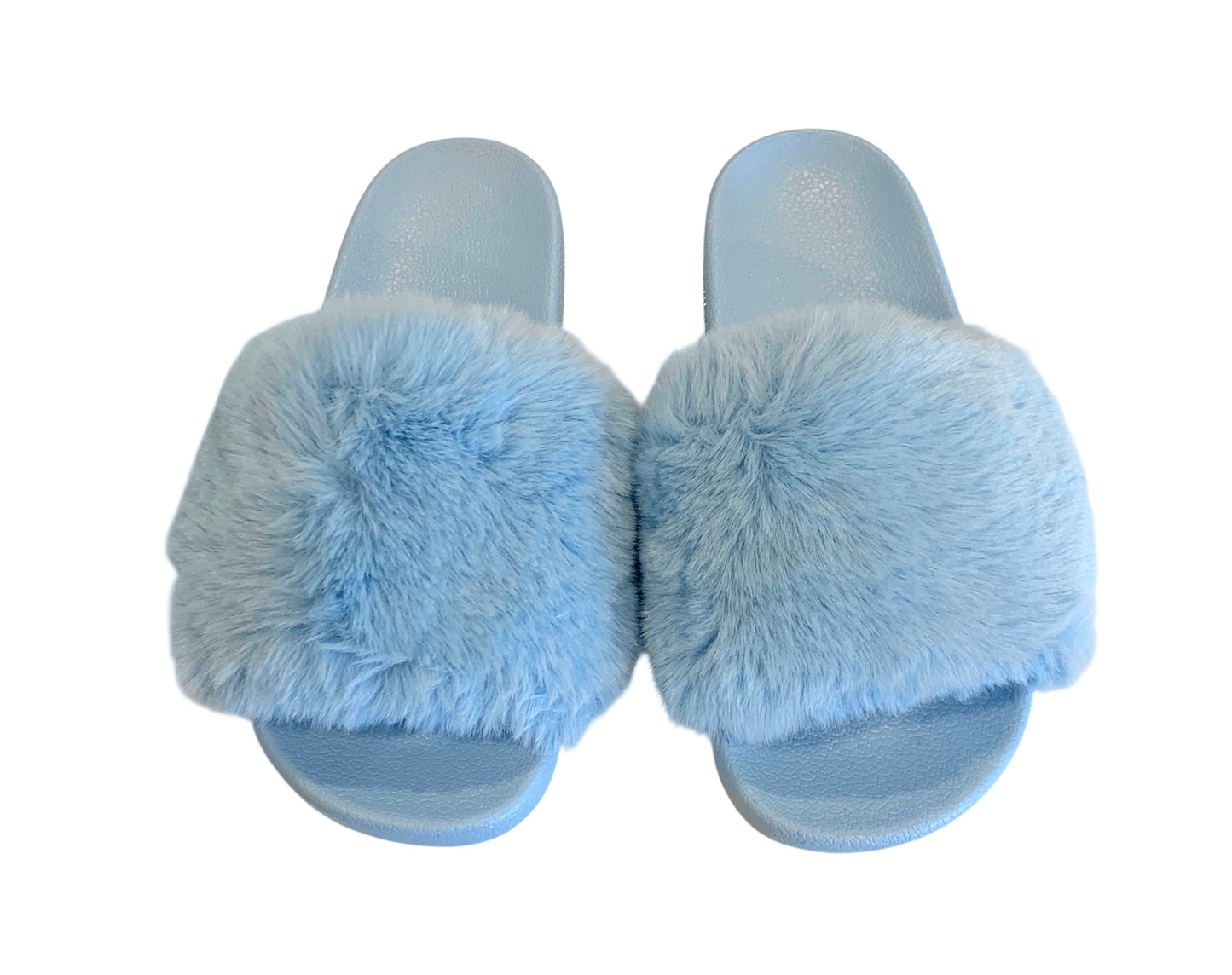 Blue Faux Fur Slides with Rhinestones - Open Toe Slip-On Comfy Slippers