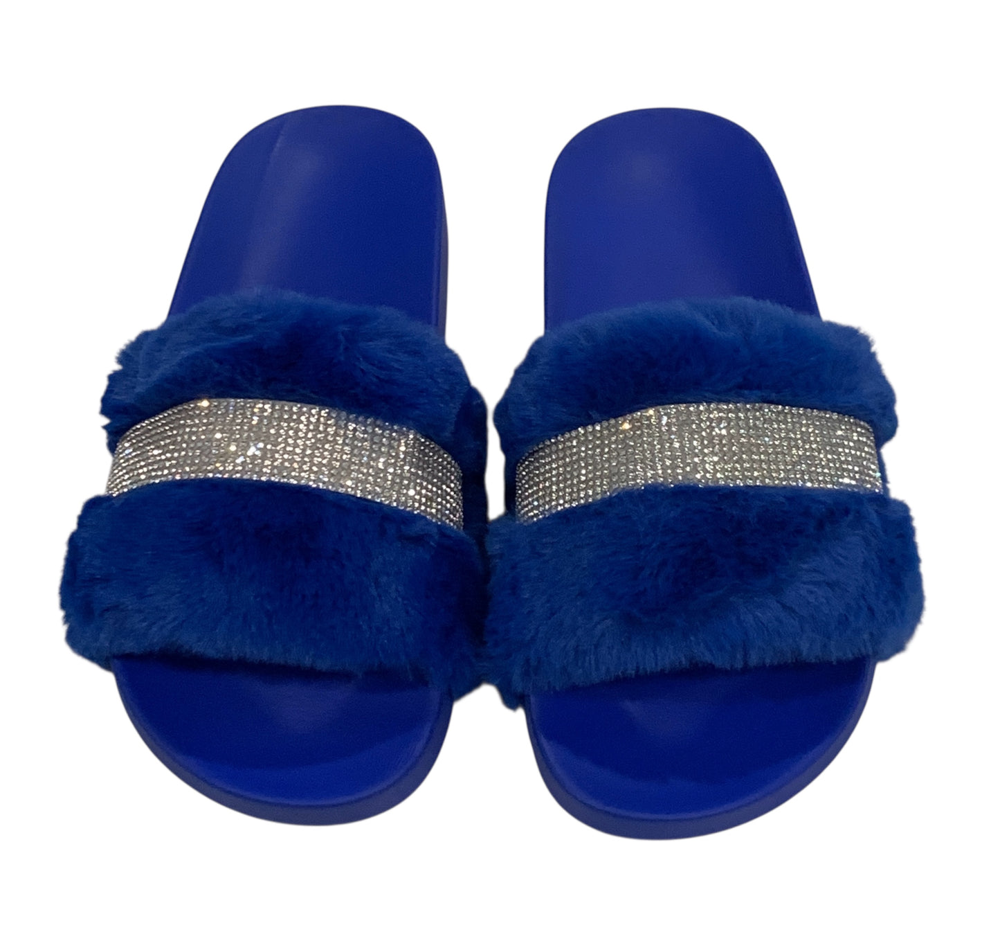 Royal Blue Faux Fur Rhinestone Slides - Comfy Crystal Slip-On Slippers