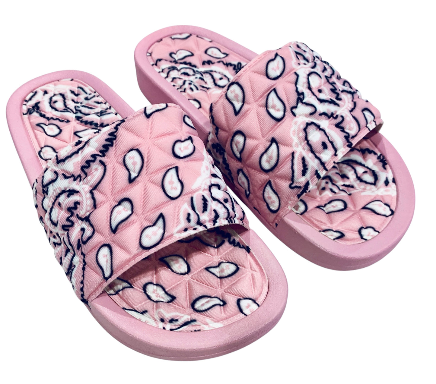 Pink Bandana Slides - Comfy Paisley Print Slip-On Sandals
