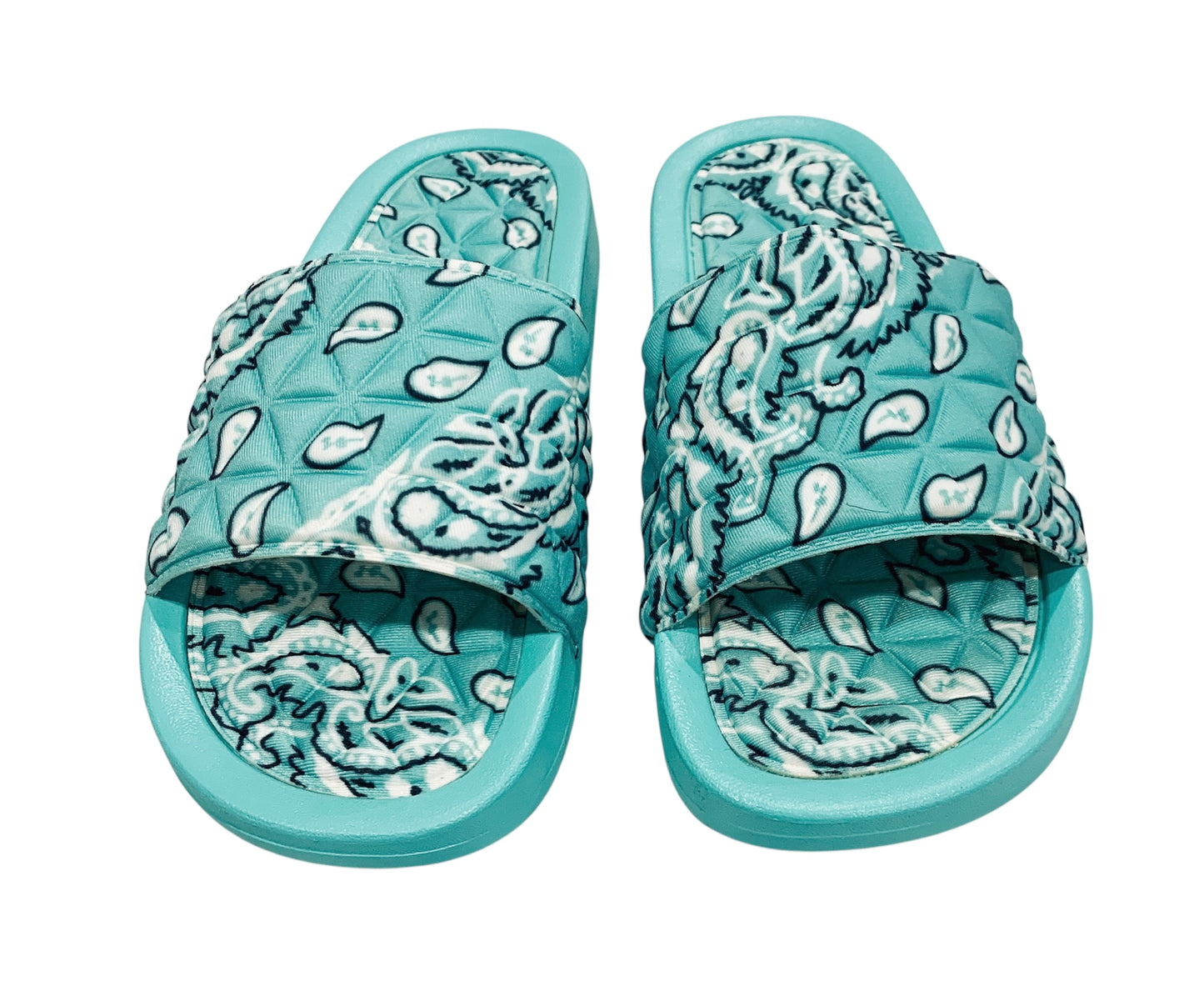 Turquoise Bandana Slides - Comfy Paisley Print Slip-On Sandals