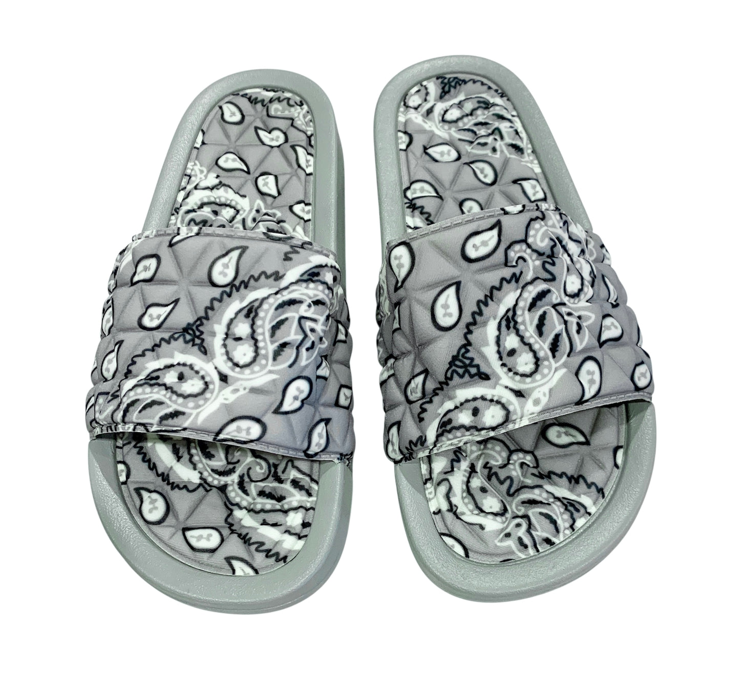 Gray Bandana Slides - Comfy Paisley Print Slip-On Sandals
