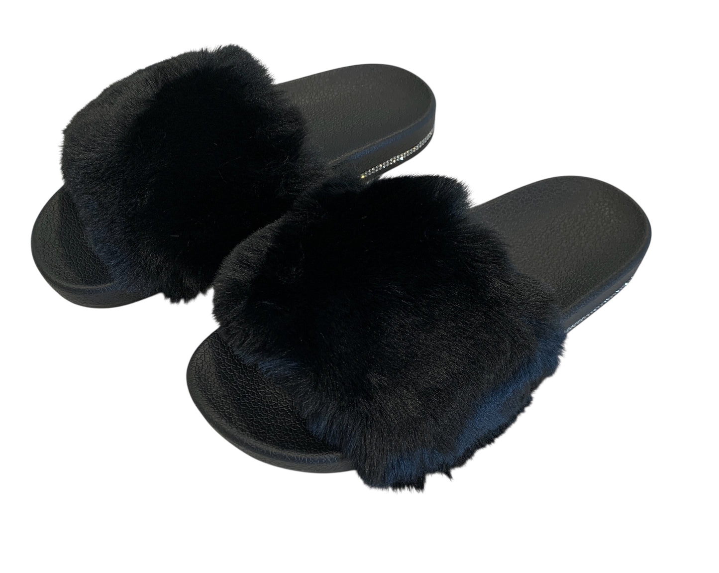 Black Faux Fur Slides with Rhinestones - Open Toe Slip-On Comfy Slippers
