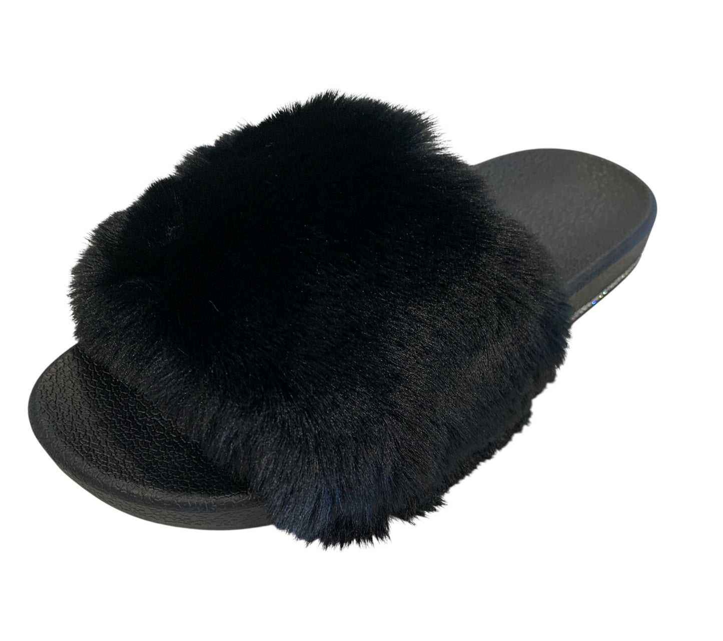 Black Faux Fur Slides with Rhinestones - Open Toe Slip-On Comfy Slippers