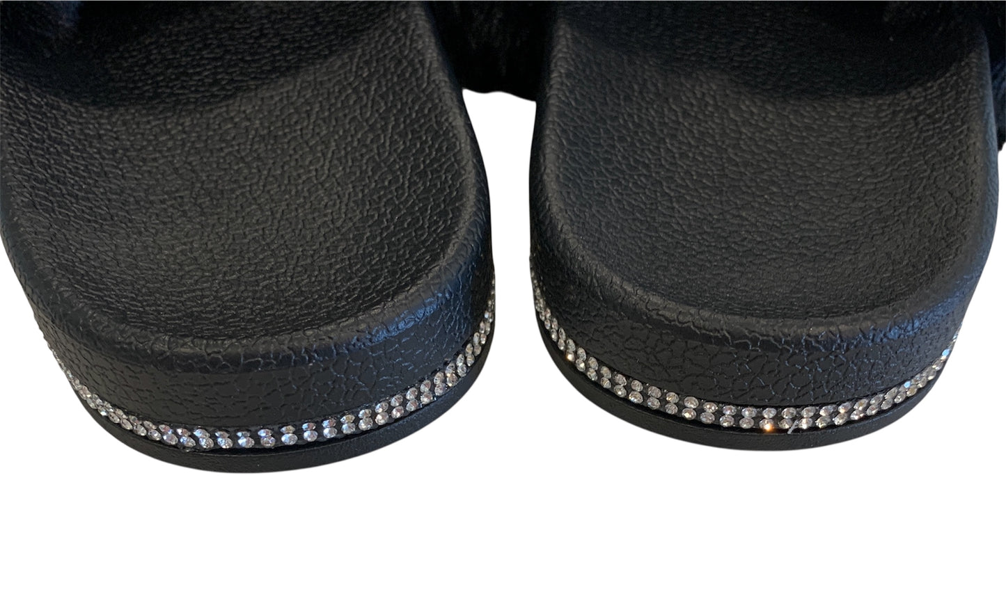 Black Faux Fur Slides with Rhinestones - Open Toe Slip-On Comfy Slippers