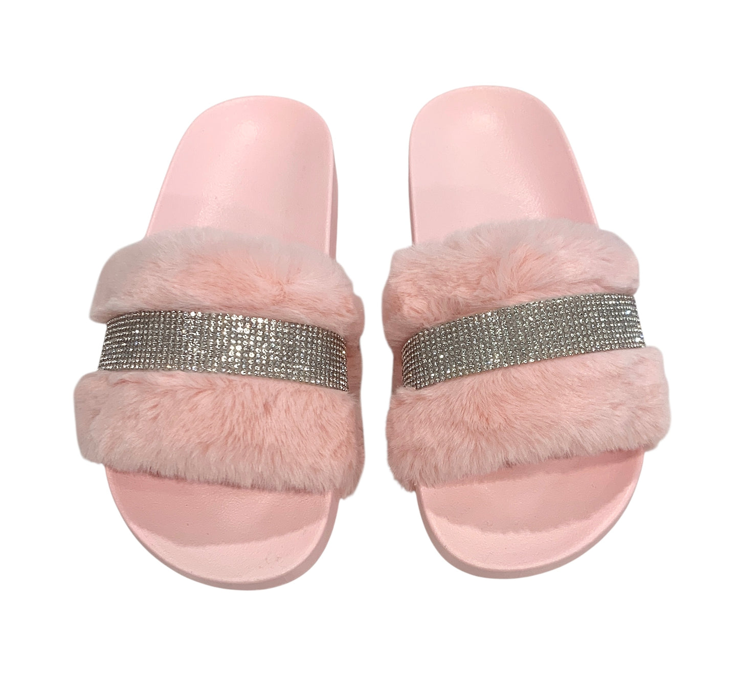 Pink Faux Fur Rhinestone Slides - Comfy Crystal Slip-On Slippers