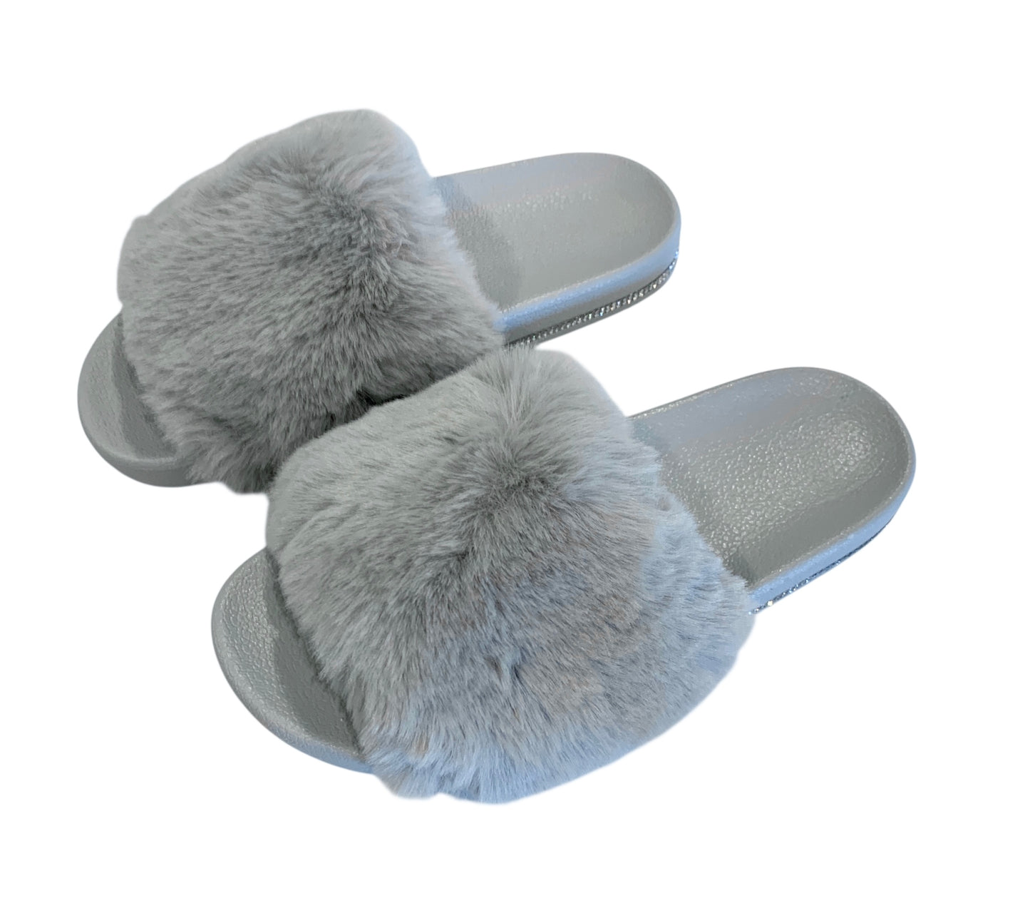 Gray Faux Fur Slides with Rhinestones - Open Toe Slip-On Comfy Slippers