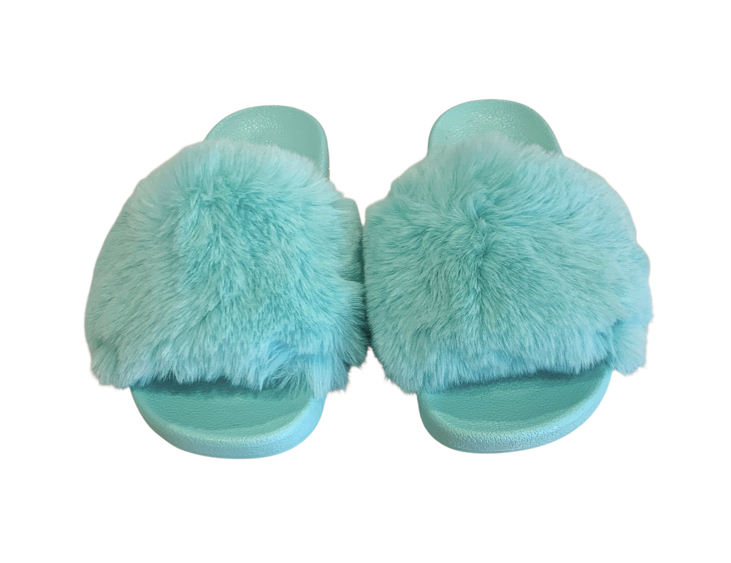 Turquoise Faux Fur Slides with Rhinestones - Open Toe Slip-On Comfy Slippers
