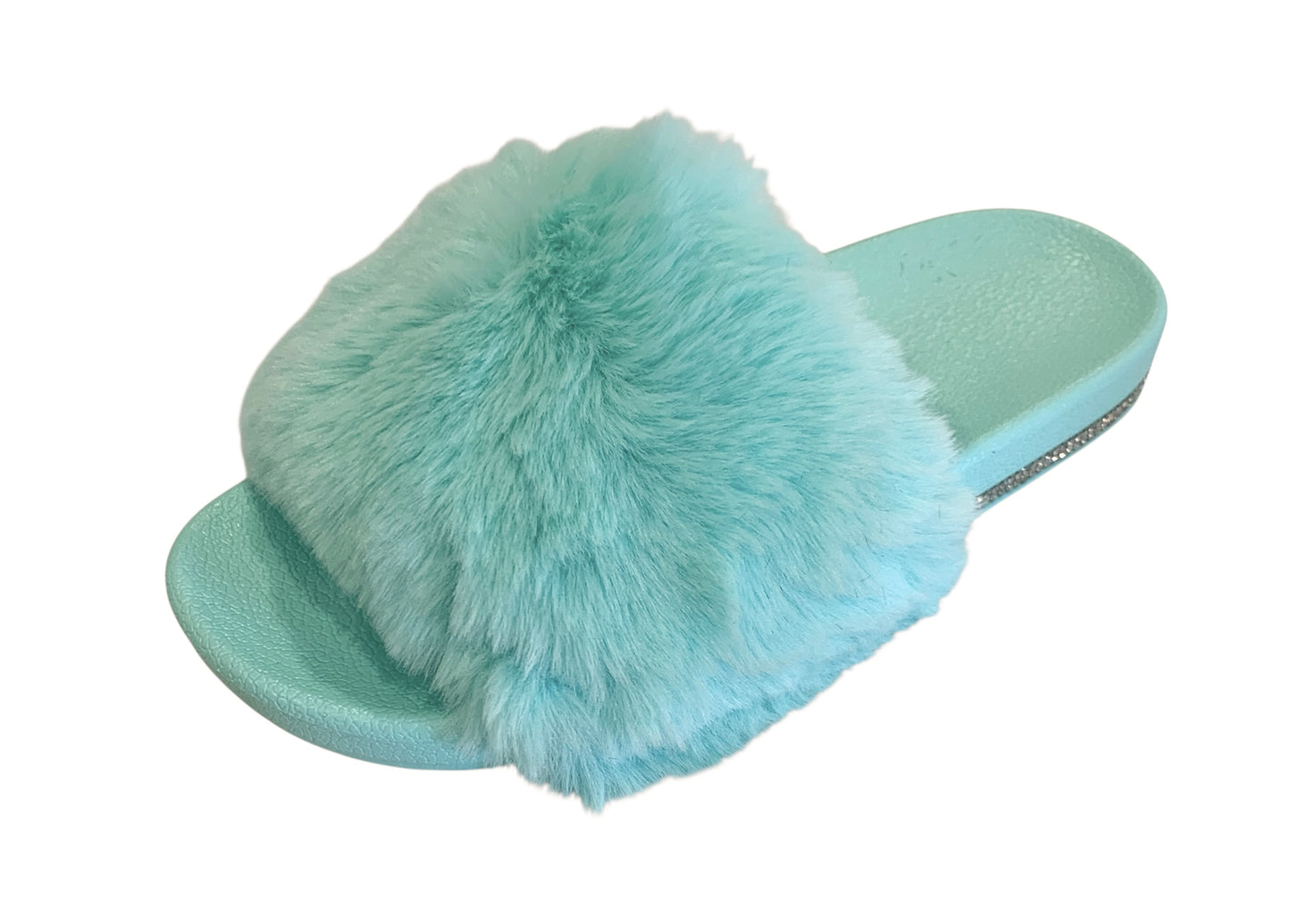 Turquoise Faux Fur Slides with Rhinestones - Open Toe Slip-On Comfy Slippers