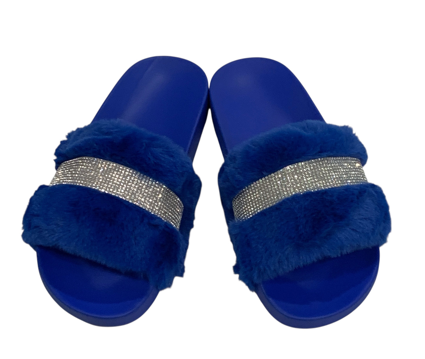Royal Blue Faux Fur Rhinestone Slides - Comfy Crystal Slip-On Slippers