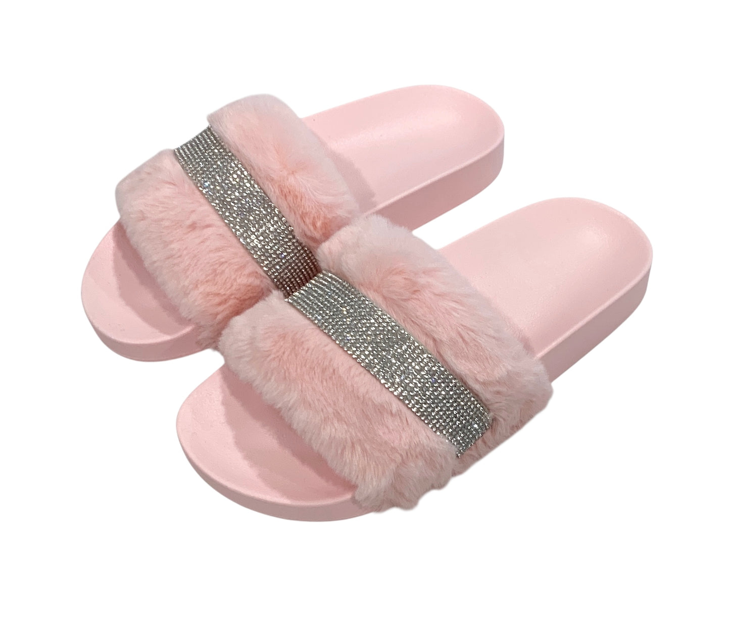 Pink Faux Fur Rhinestone Slides - Comfy Crystal Slip-On Slippers