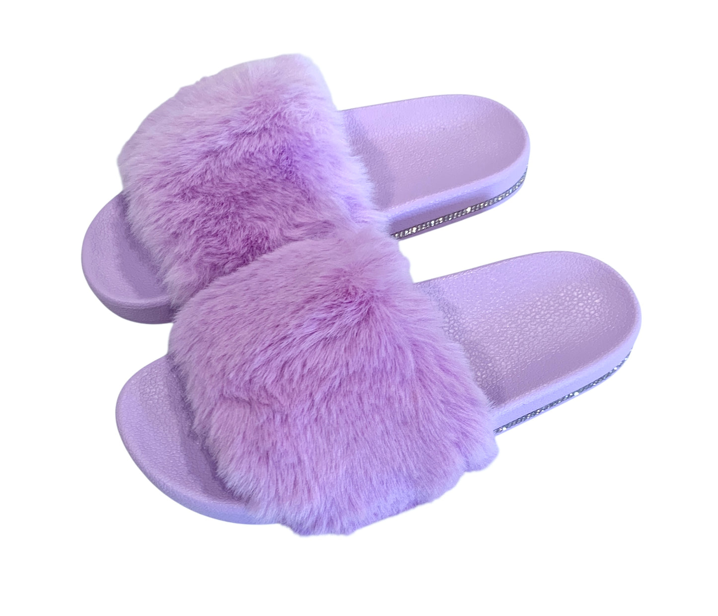 Purple Faux Fur Slides with Rhinestones - Open Toe Slip-On Comfy Slippers
