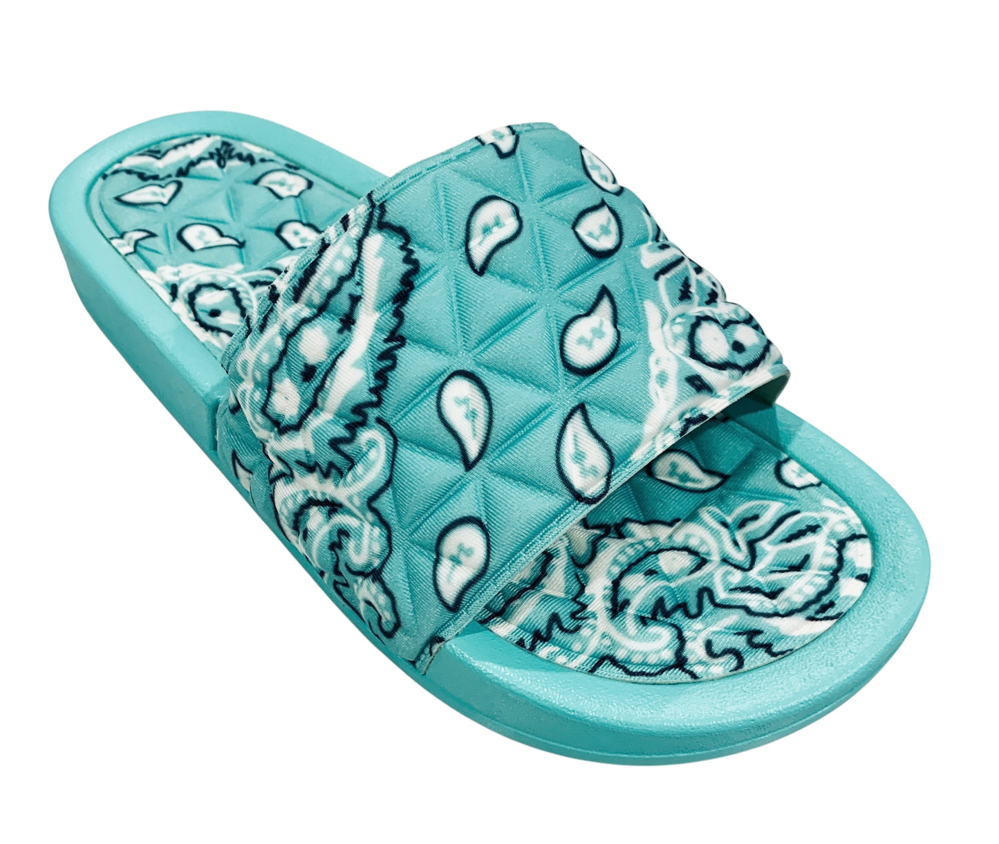 Turquoise Bandana Slides - Comfy Paisley Print Slip-On Sandals