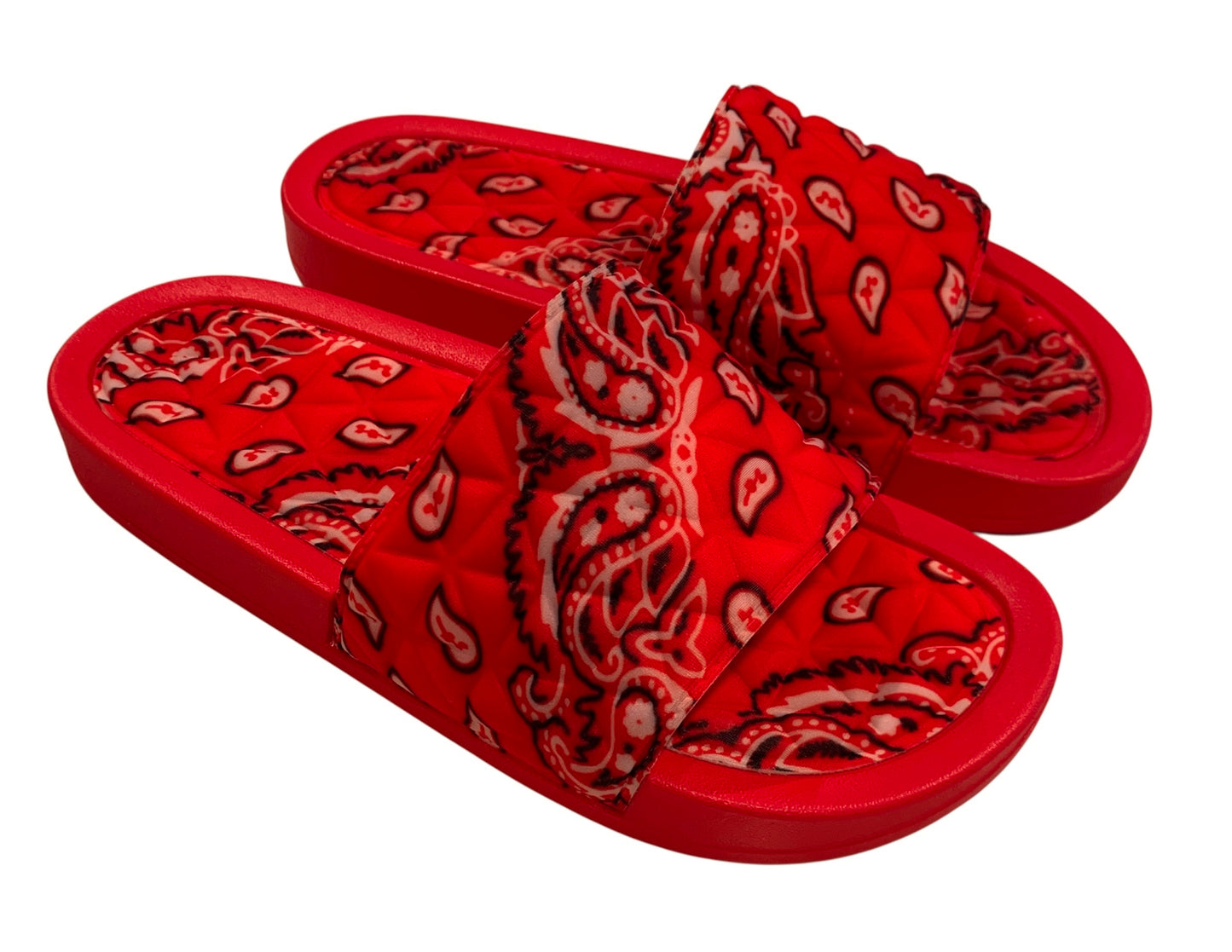 Red Bandana Slides - Comfy Paisley Print Slip-On Sandals