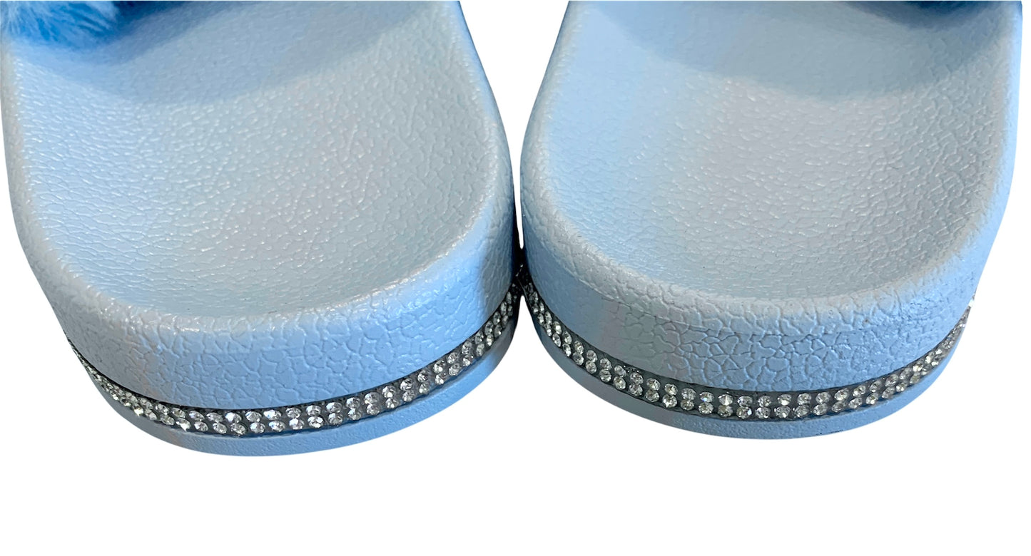 Blue Faux Fur Slides with Rhinestones - Open Toe Slip-On Comfy Slippers