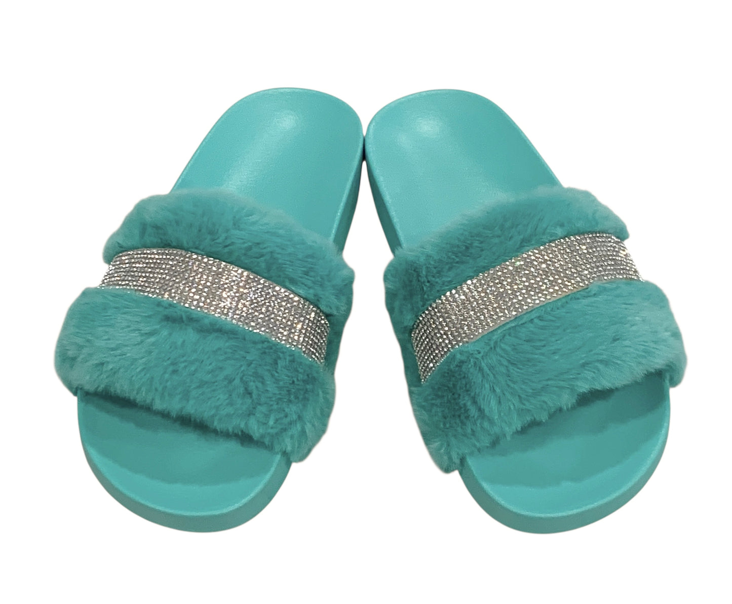 Turquoise Faux Fur Rhinestone Slides - Comfy Crystal Slip-On Slippers