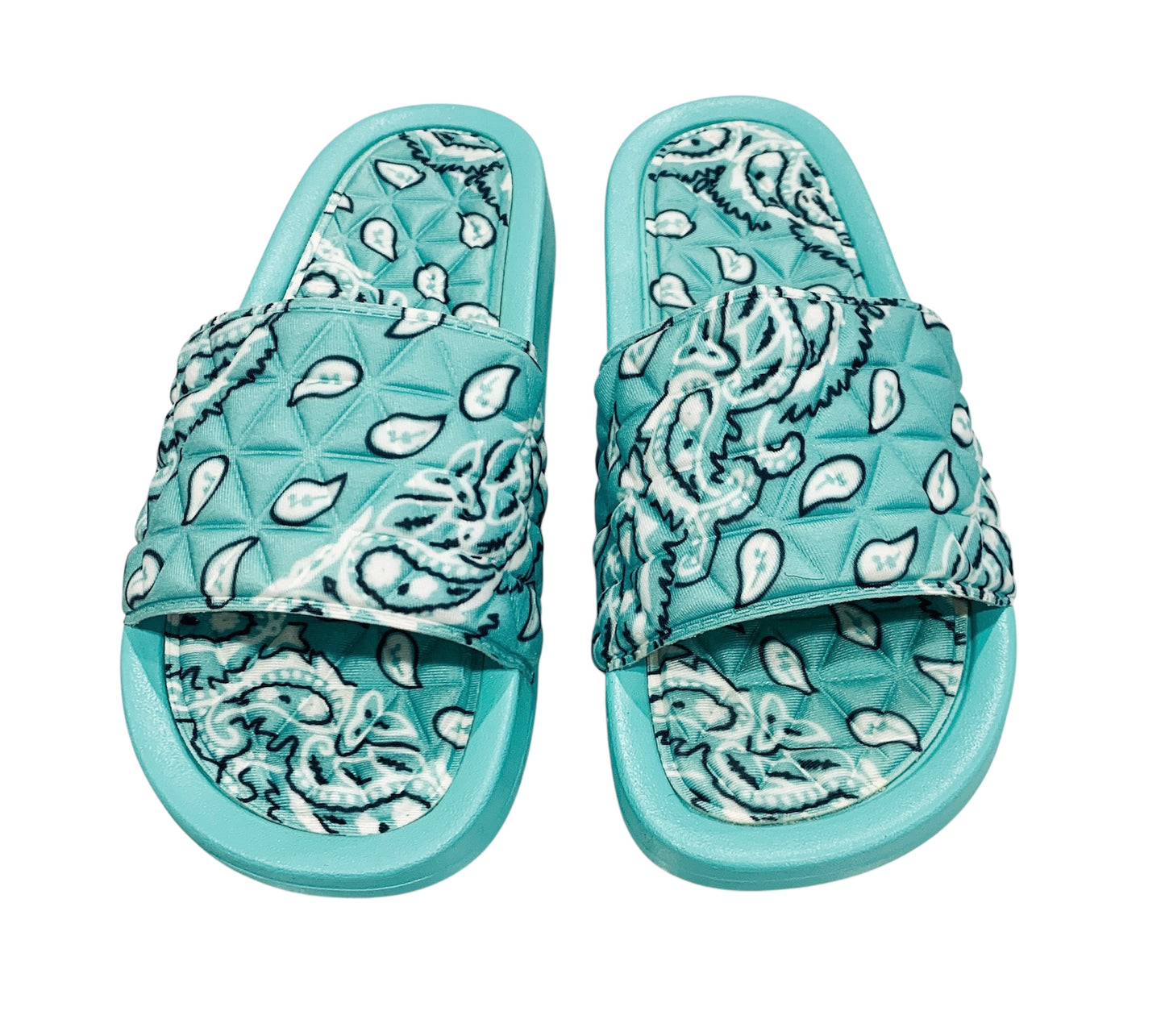Turquoise Bandana Slides - Comfy Paisley Print Slip-On Sandals