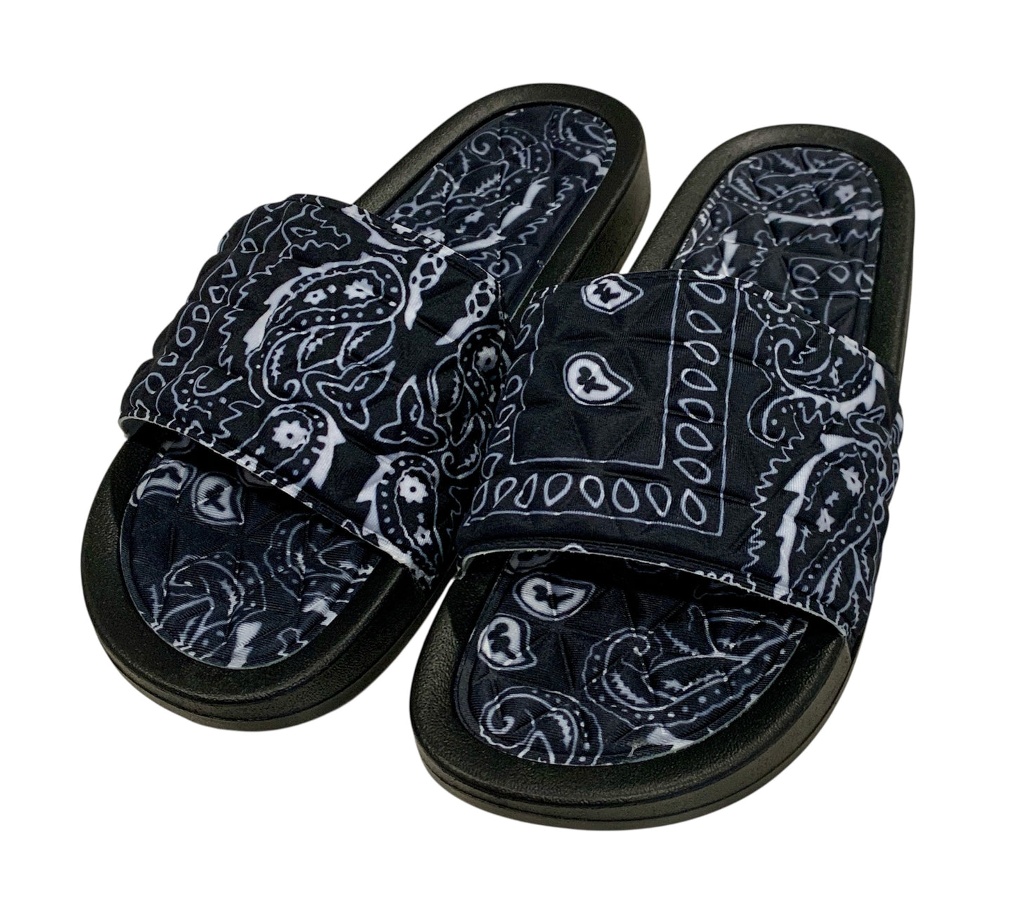 Black Bandana Slides - Comfy Paisley Print Slip-On Sandals