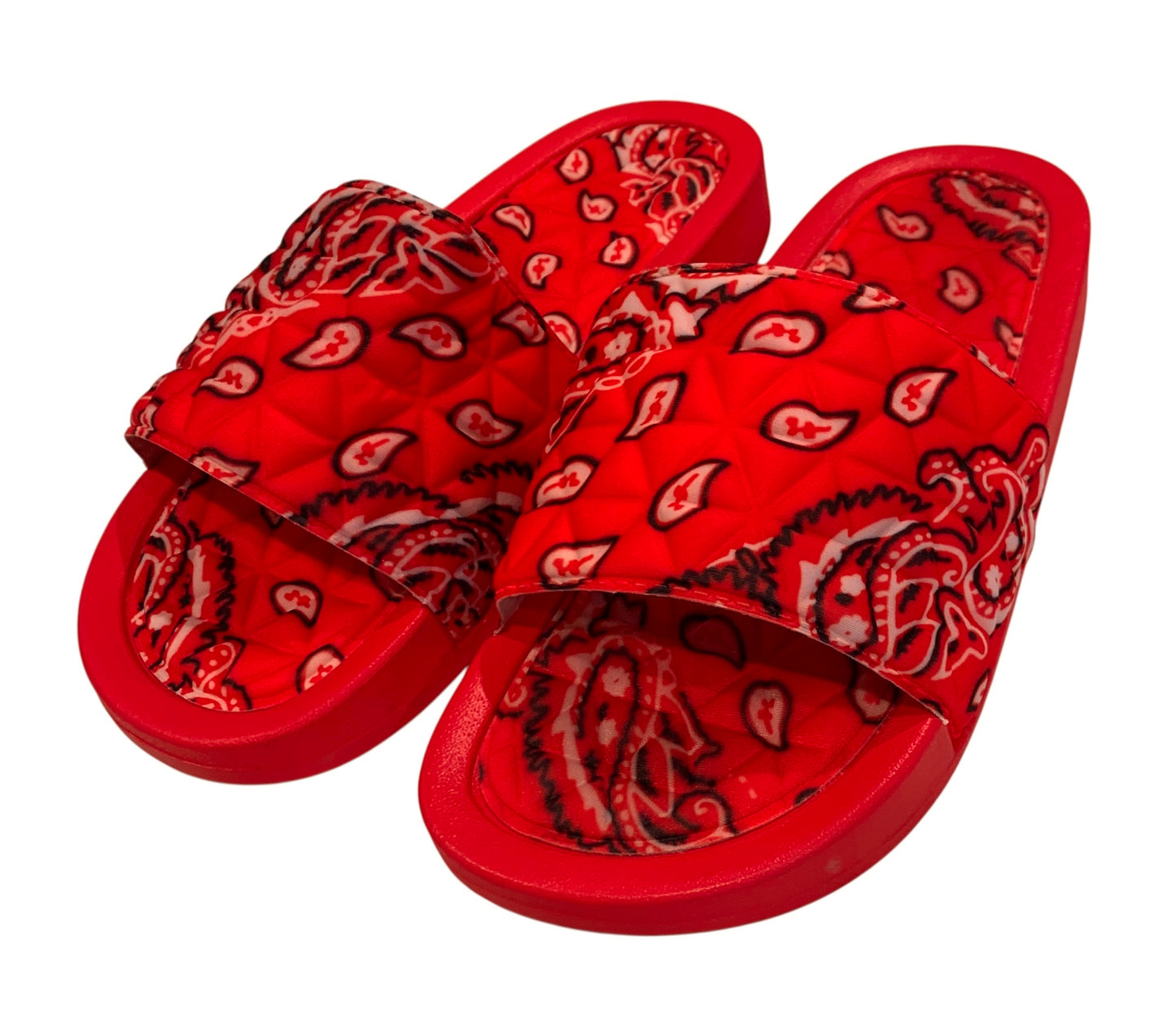 Red Bandana Slides - Comfy Paisley Print Slip-On Sandals