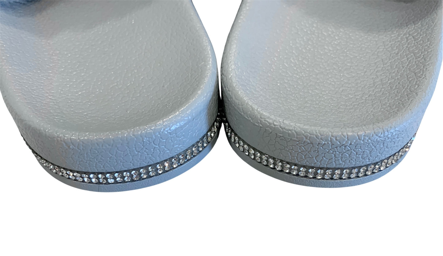Gray Faux Fur Slides with Rhinestones - Open Toe Slip-On Comfy Slippers