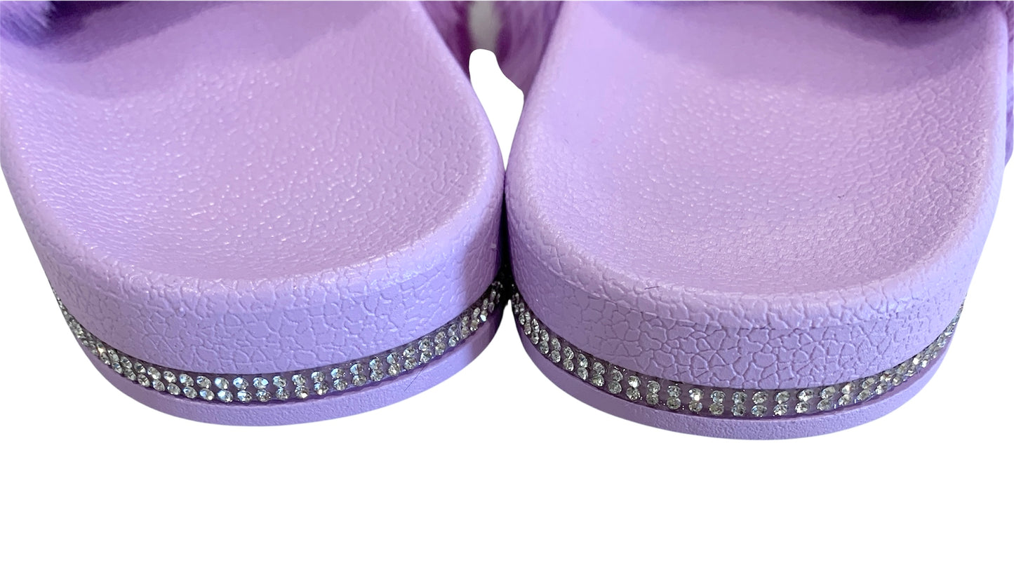 Purple Faux Fur Slides with Rhinestones - Open Toe Slip-On Comfy Slippers