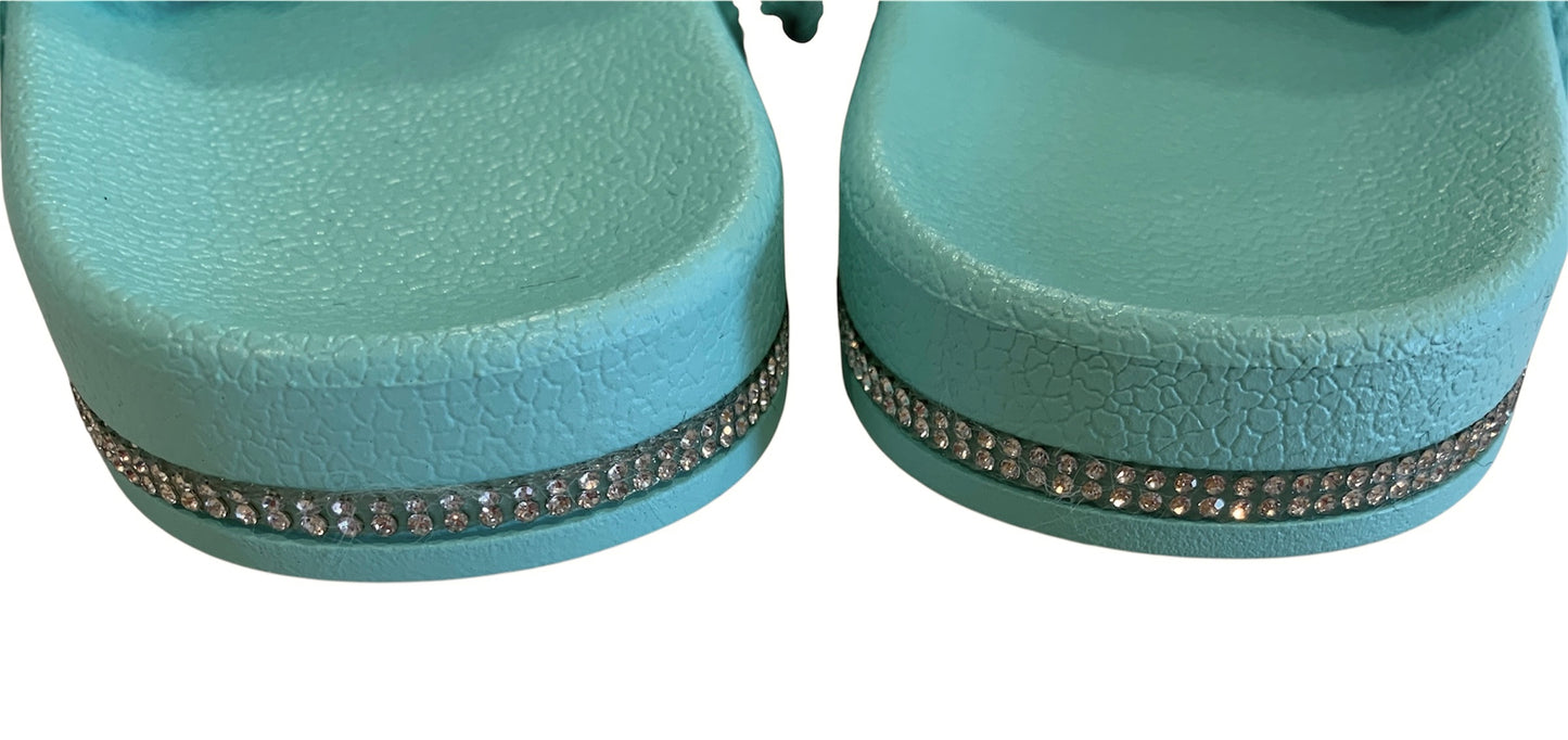 Turquoise Faux Fur Slides with Rhinestones - Open Toe Slip-On Comfy Slippers