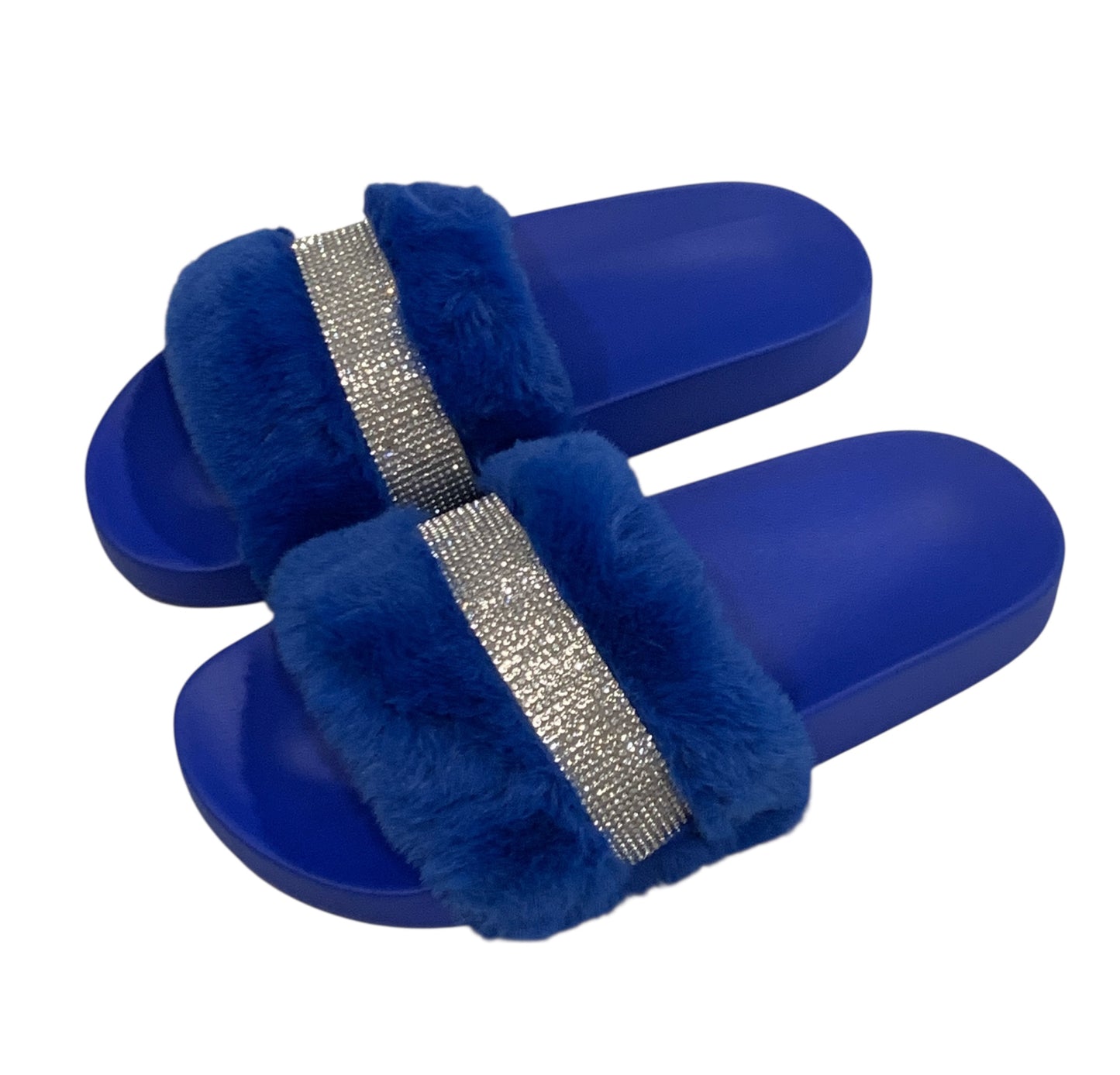 Royal Blue Faux Fur Rhinestone Slides - Comfy Crystal Slip-On Slippers