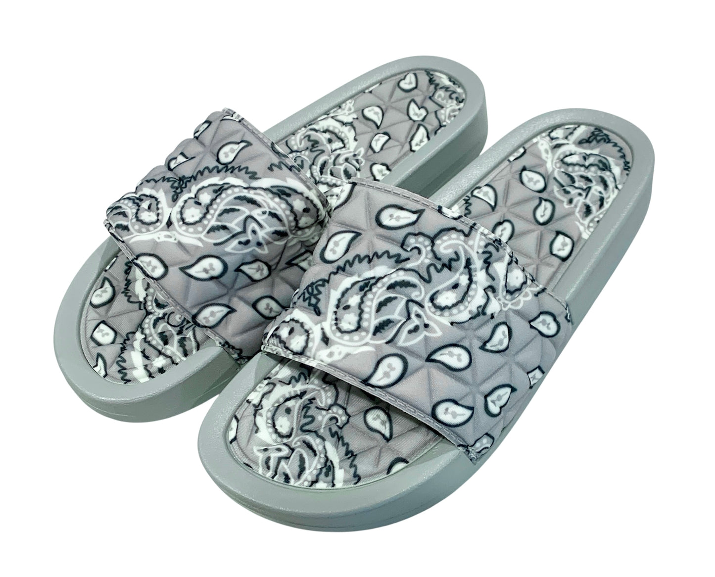 Gray Bandana Slides - Comfy Paisley Print Slip-On Sandals