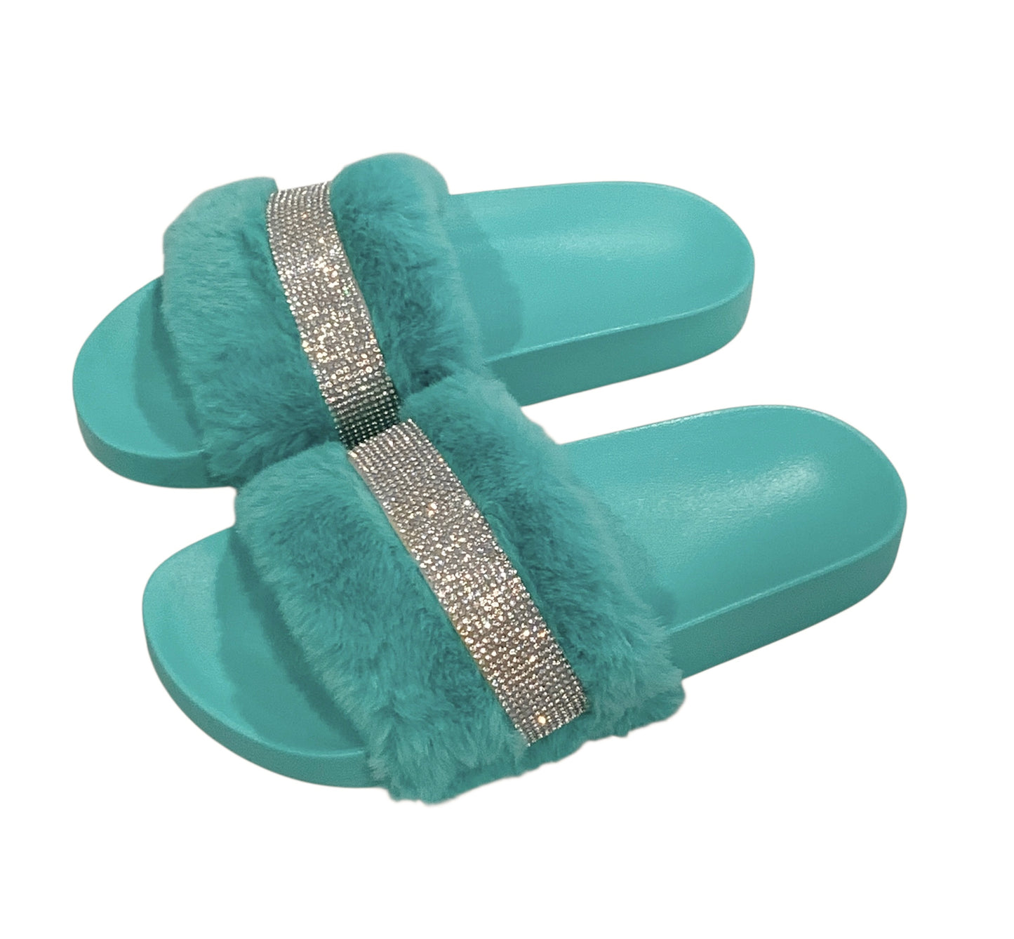 Turquoise Faux Fur Rhinestone Slides - Comfy Crystal Slip-On Slippers