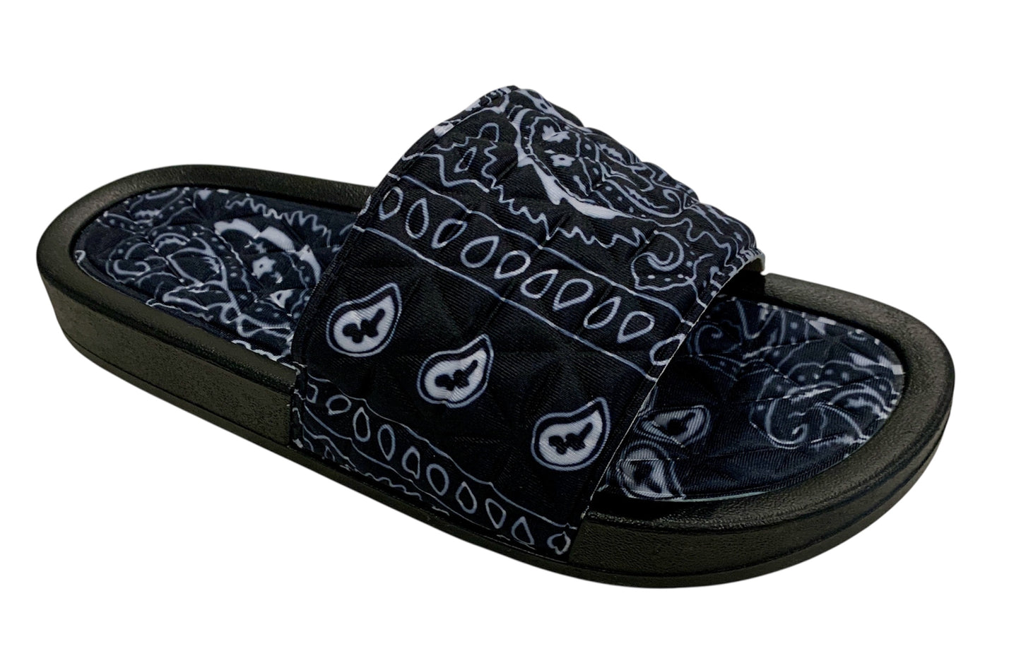 Black Bandana Slides - Comfy Paisley Print Slip-On Sandals