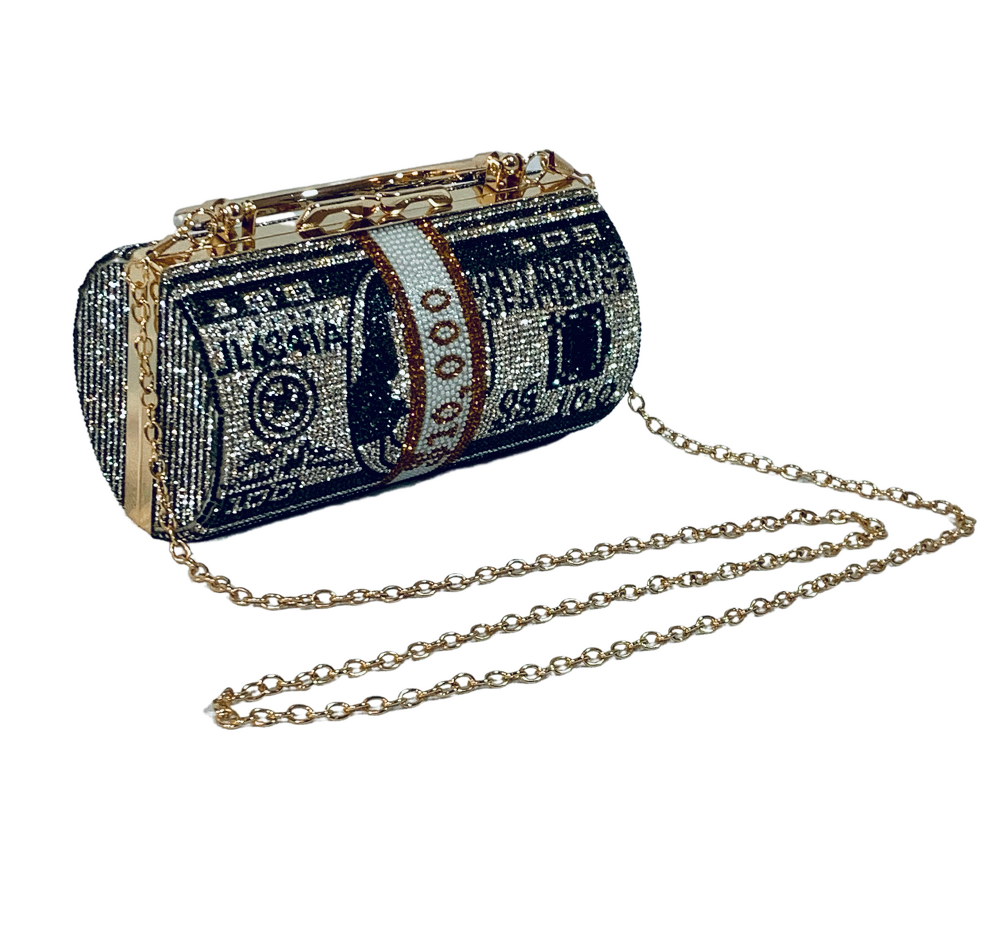 Money Roll Rhinestone Clutch Purse - Black 100 Crystal Handbag