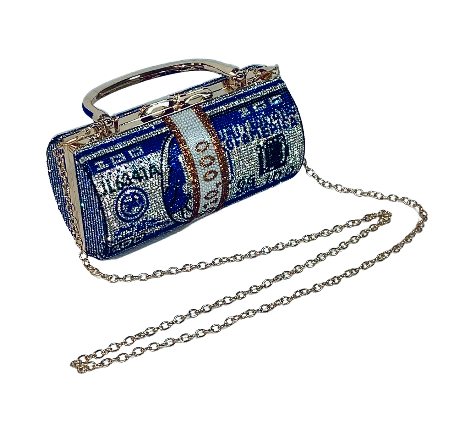 Money Roll Rhinestone Clutch Purse - Blue 100 Crystal Handbag
