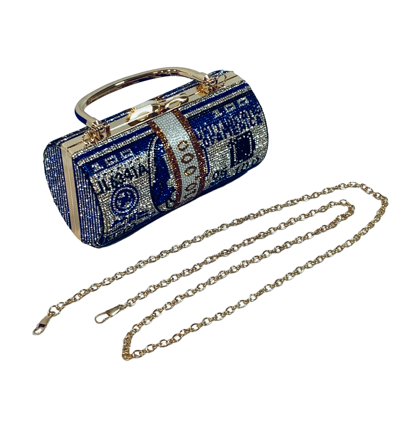 Money Roll Rhinestone Clutch Purse - Blue 100 Crystal Handbag