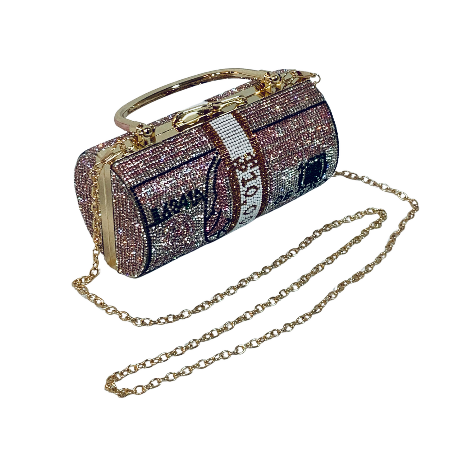 Money Roll Rhinestone Clutch Purse - Pink 100 Crystal Handbag