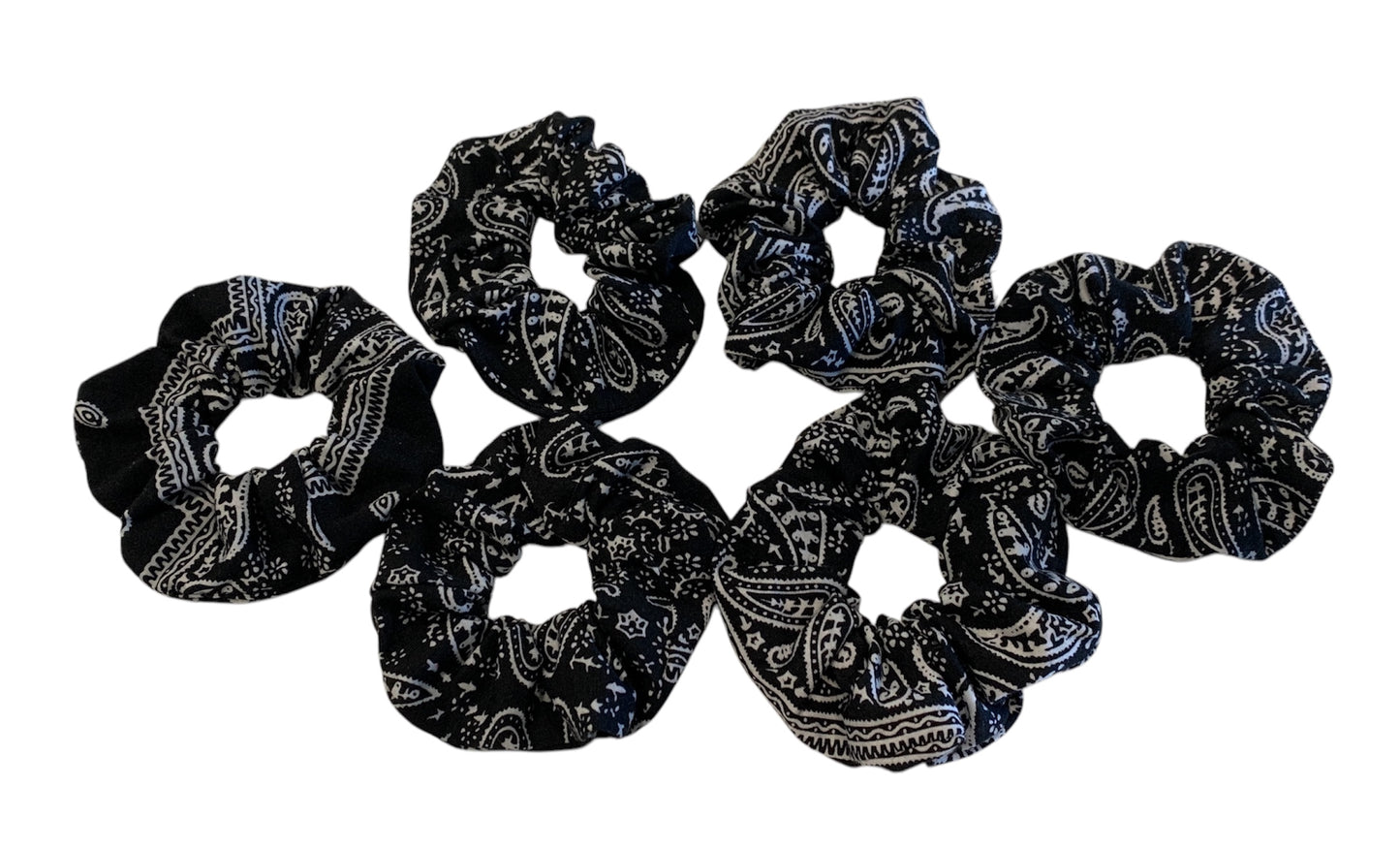 Black Bandana Scrunchies - Cotton - Paisley Hair Ties - 6 Pack