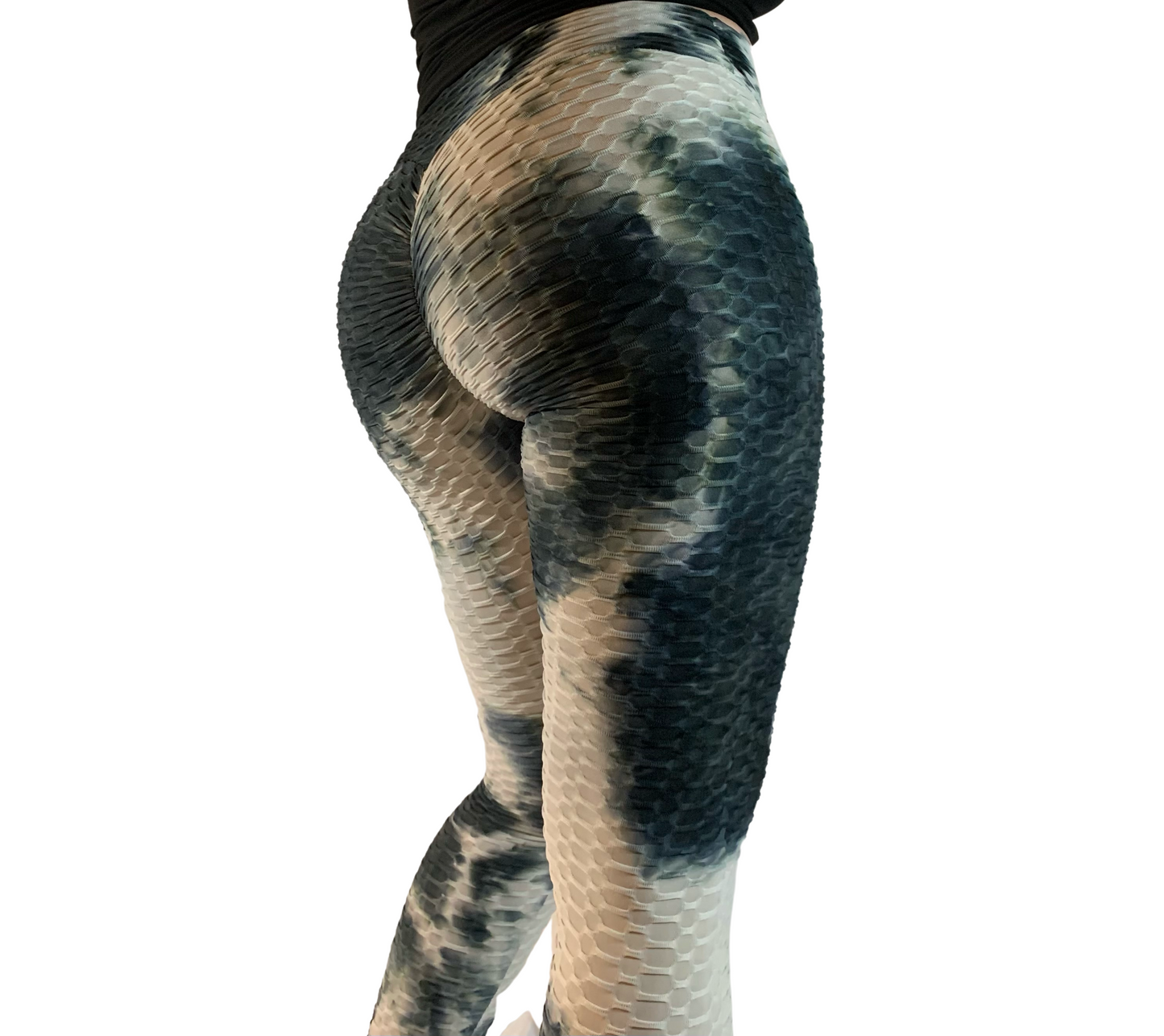 High-Waisted Honeycomb Tie-Dye Scrunch Butt Leggings - Black/White