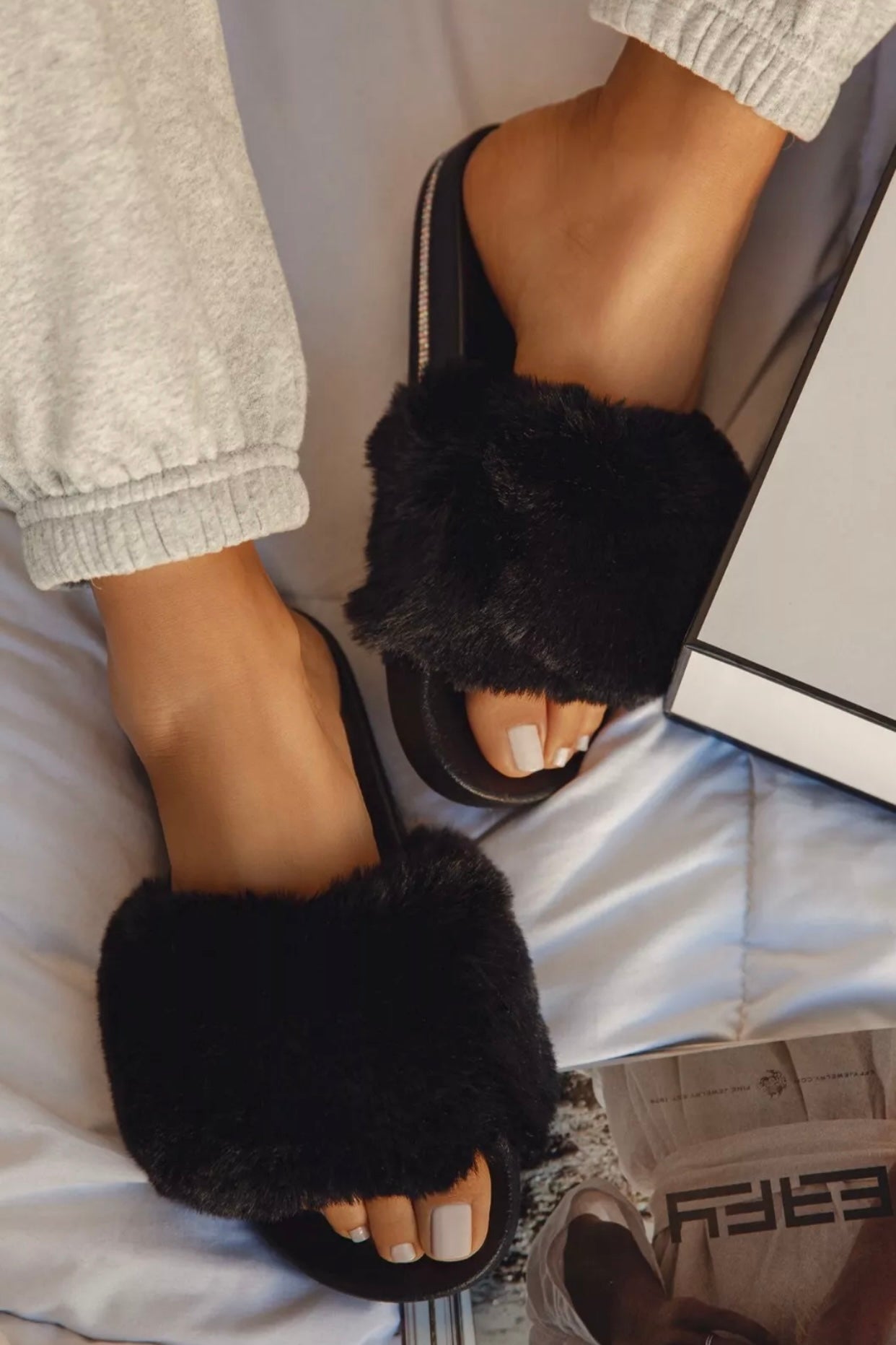 Black Faux Fur Slides with Rhinestones - Open Toe Slip-On Comfy Slippers