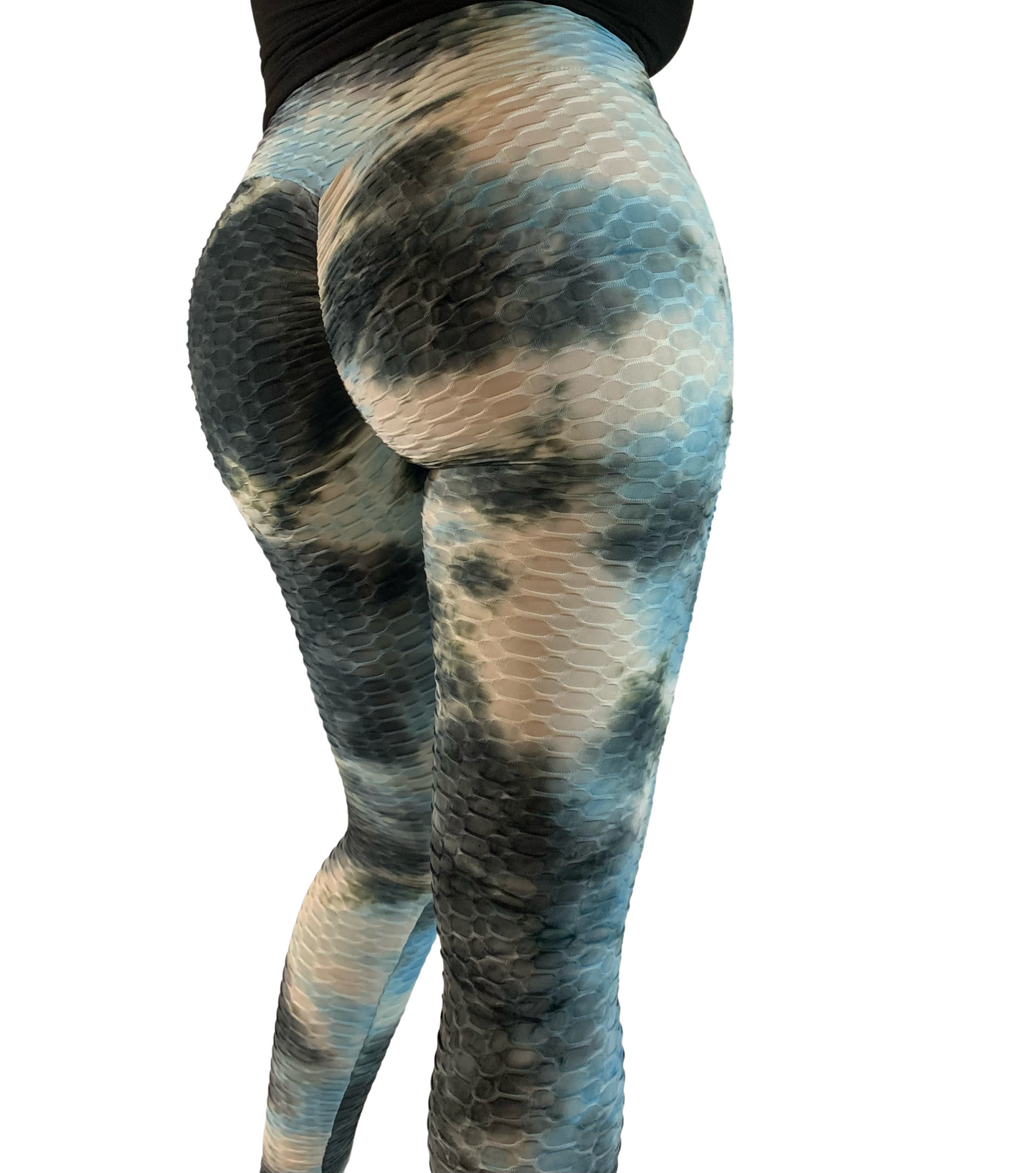 High-Waisted Honeycomb Tie-Dye Scrunch Butt Leggings - Blue/White/Black