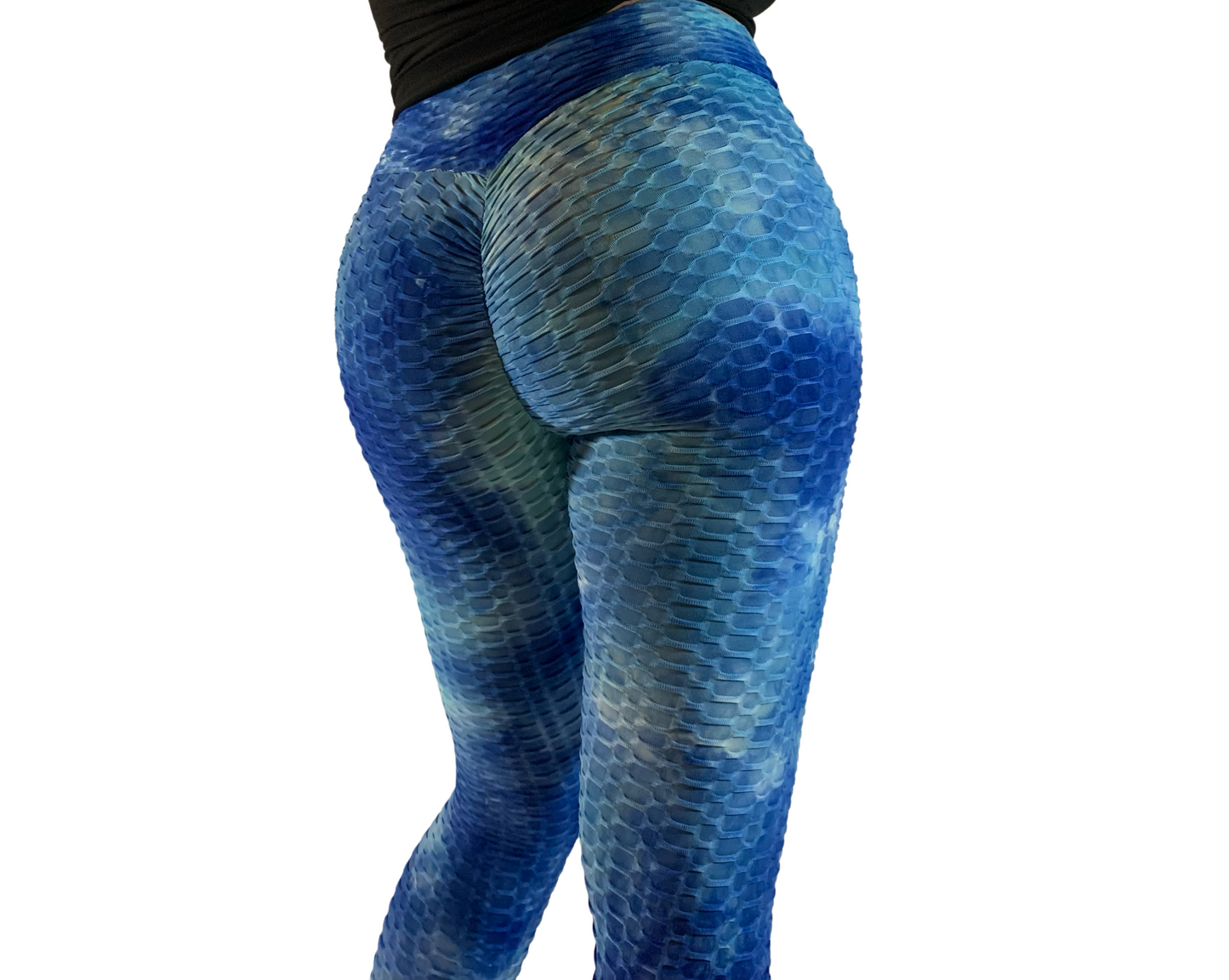 High-Waisted Honeycomb Tie-Dye Scrunch Butt Leggings - Blue
