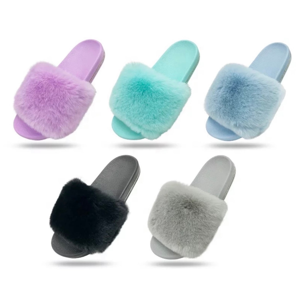 Turquoise Faux Fur Slides with Rhinestones - Open Toe Slip-On Comfy Slippers
