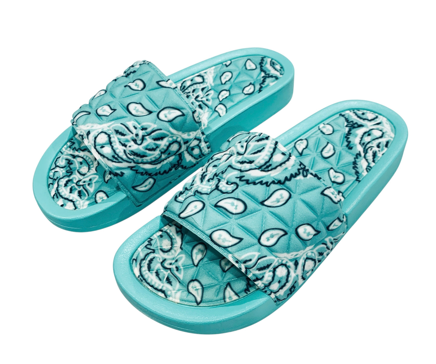 Turquoise Bandana Slides - Comfy Paisley Print Slip-On Sandals