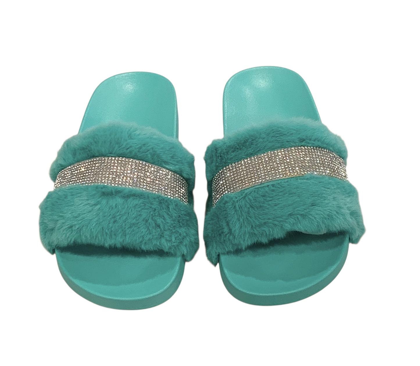 Turquoise Faux Fur Rhinestone Slides - Comfy Crystal Slip-On Slippers