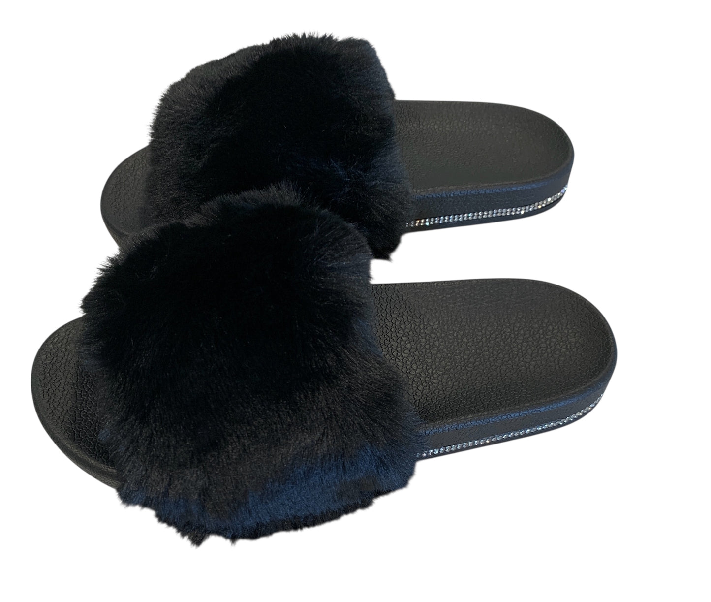 Black Faux Fur Slides with Rhinestones - Open Toe Slip-On Comfy Slippers