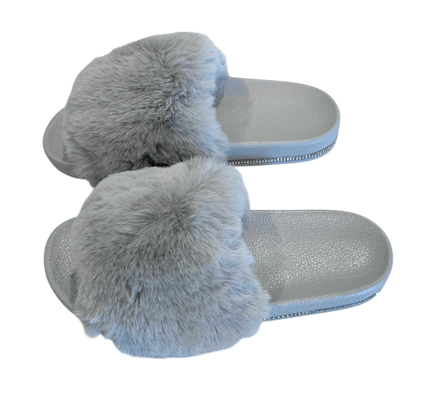 Gray Faux Fur Slides with Rhinestones - Open Toe Slip-On Comfy Slippers