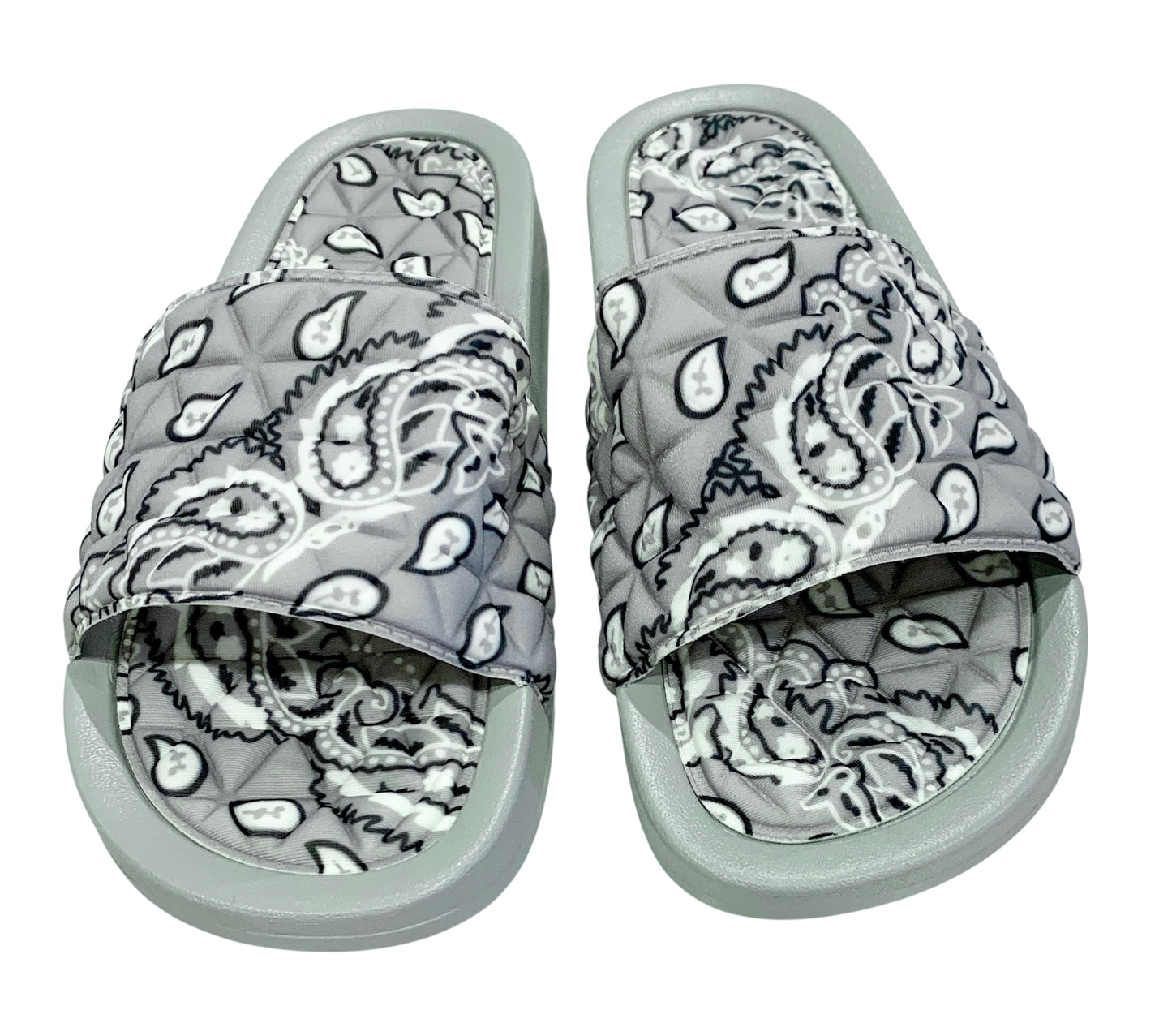 Gray Bandana Slides - Comfy Paisley Print Slip-On Sandals