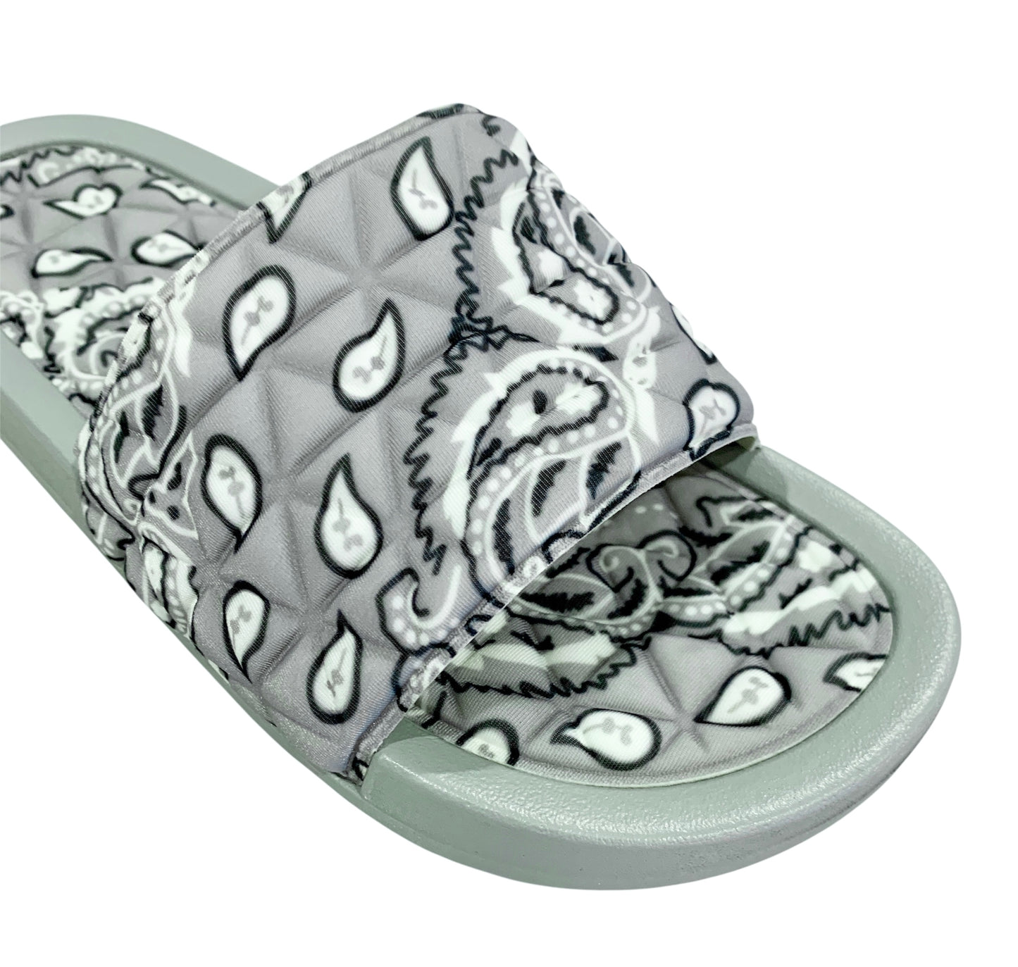 Gray Bandana Slides - Comfy Paisley Print Slip-On Sandals