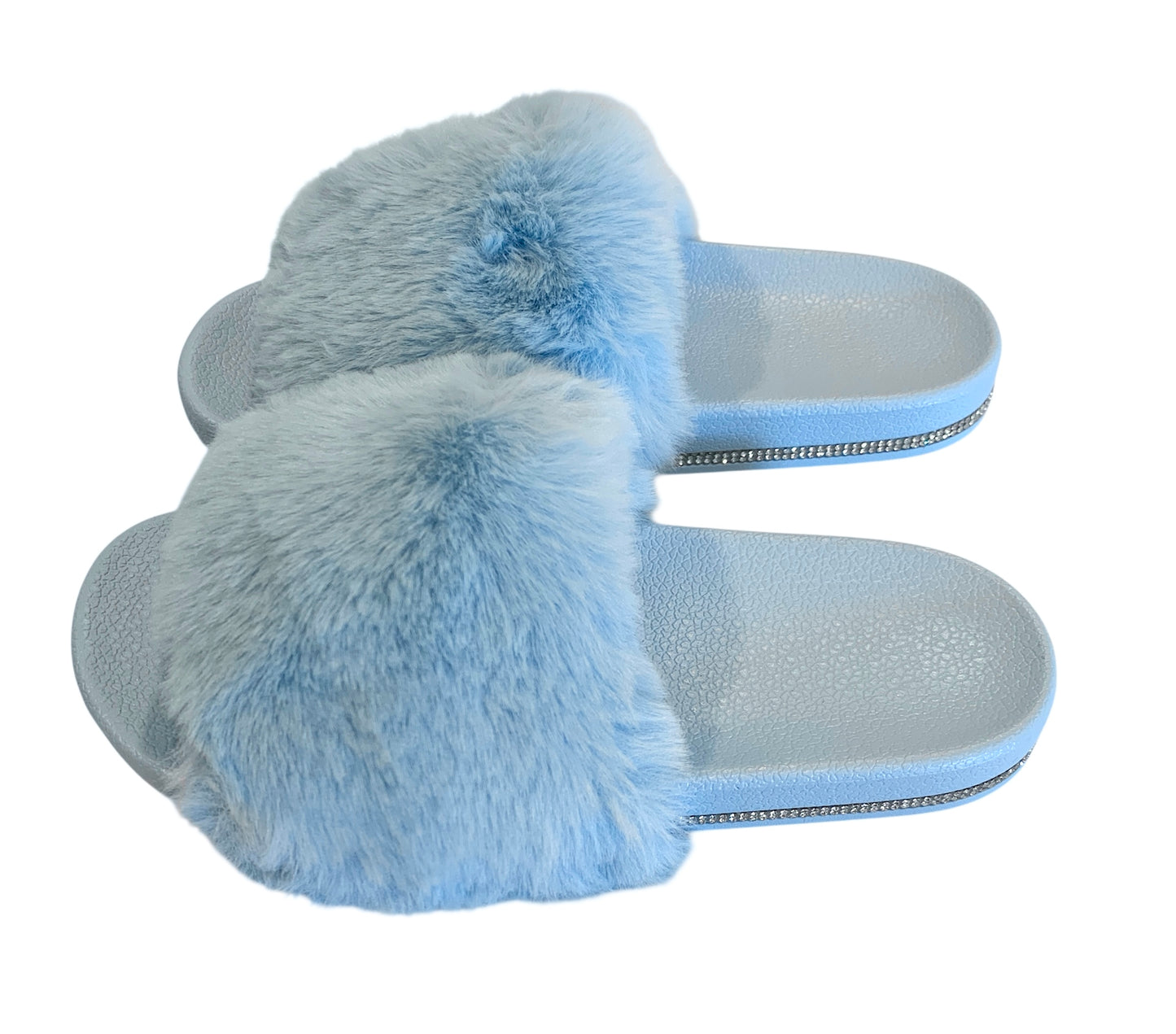 Blue Faux Fur Slides with Rhinestones - Open Toe Slip-On Comfy Slippers