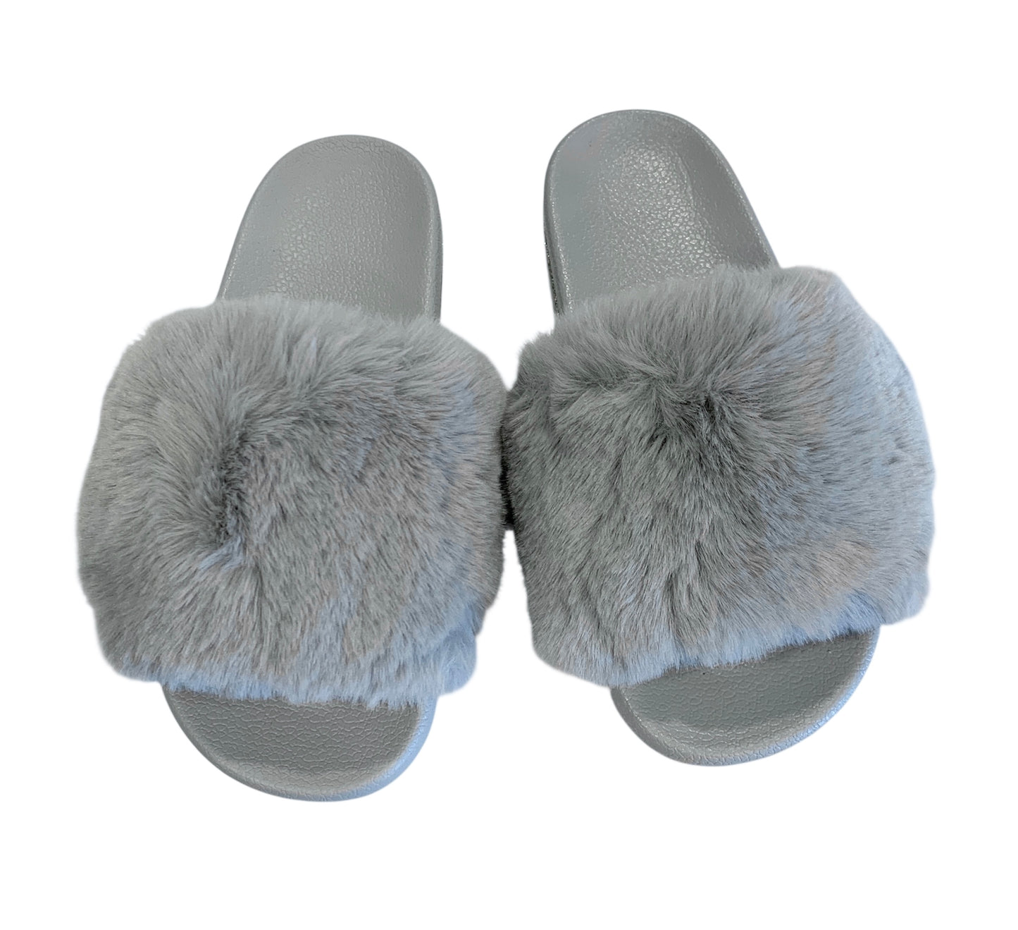Gray Faux Fur Slides with Rhinestones - Open Toe Slip-On Comfy Slippers
