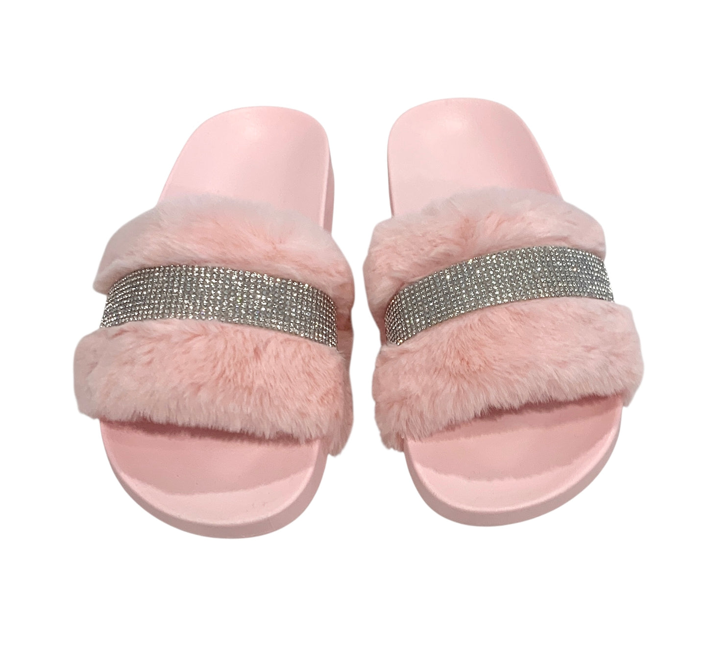 Pink Faux Fur Rhinestone Slides - Comfy Crystal Slip-On Slippers